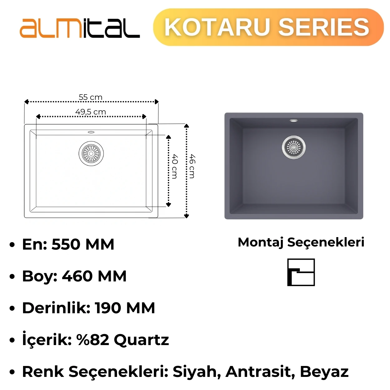 Granit Evye KOTARU Series Anthracite 55x46 (ANTRASİT) 