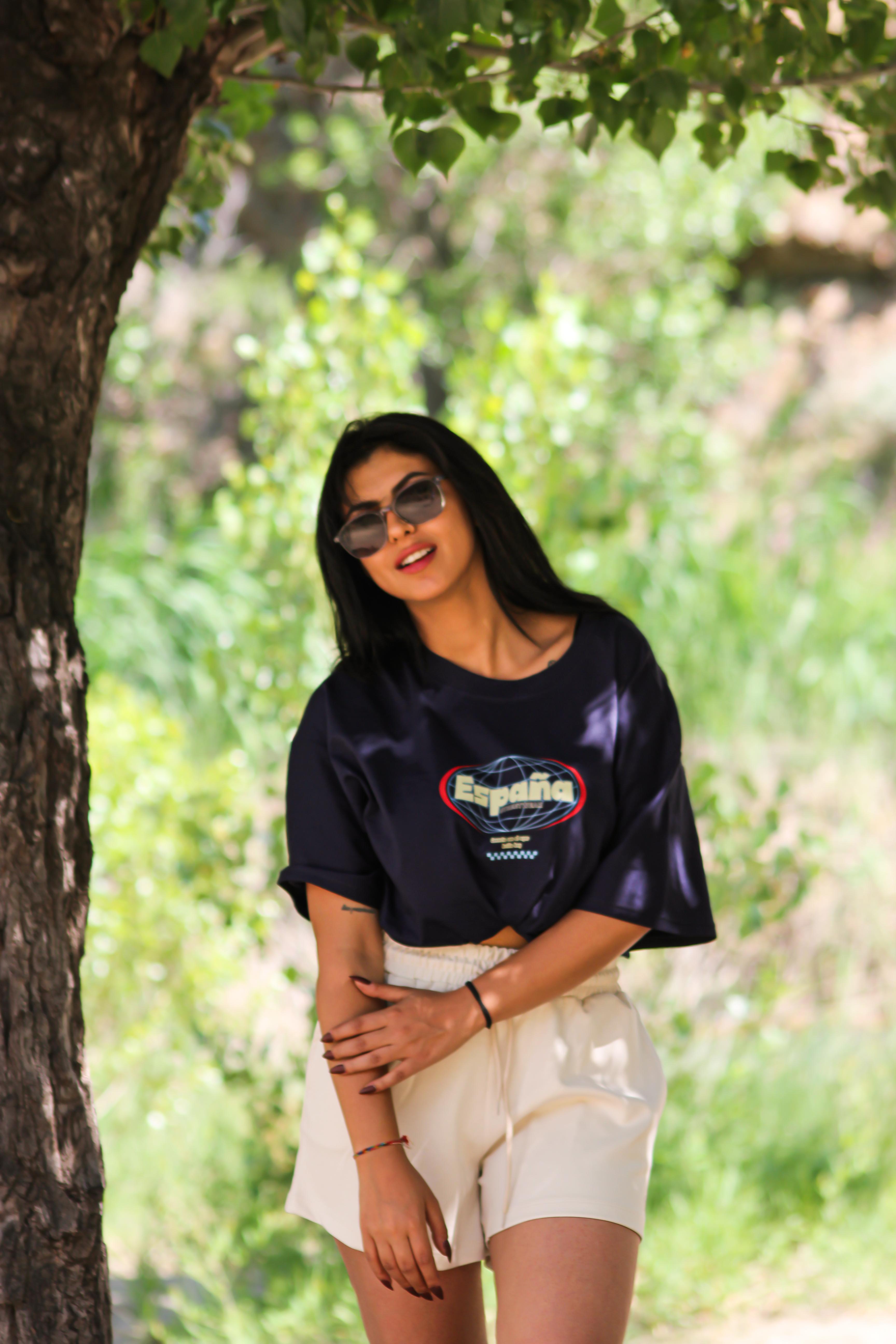 Kadın Oversize España Streetwear Baskılı Ense Detaylı Pamuklu Tişört