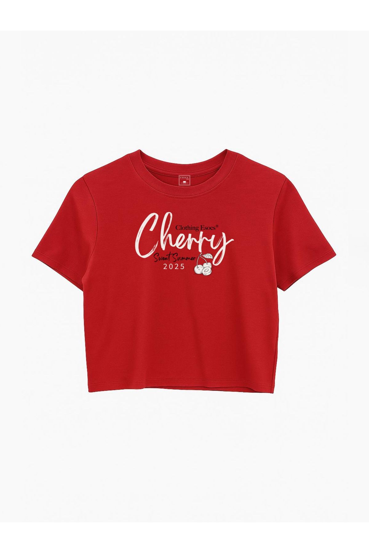 Kadın Dar Kesim Yumuşak Dokulu Cherry Baskılı Crop Tişört