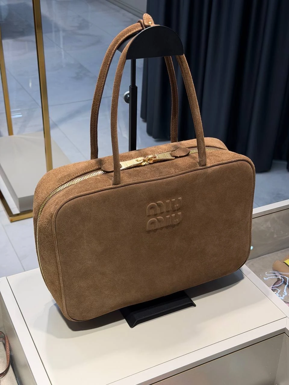 MIU Suede Logo Tote – Camel Brown