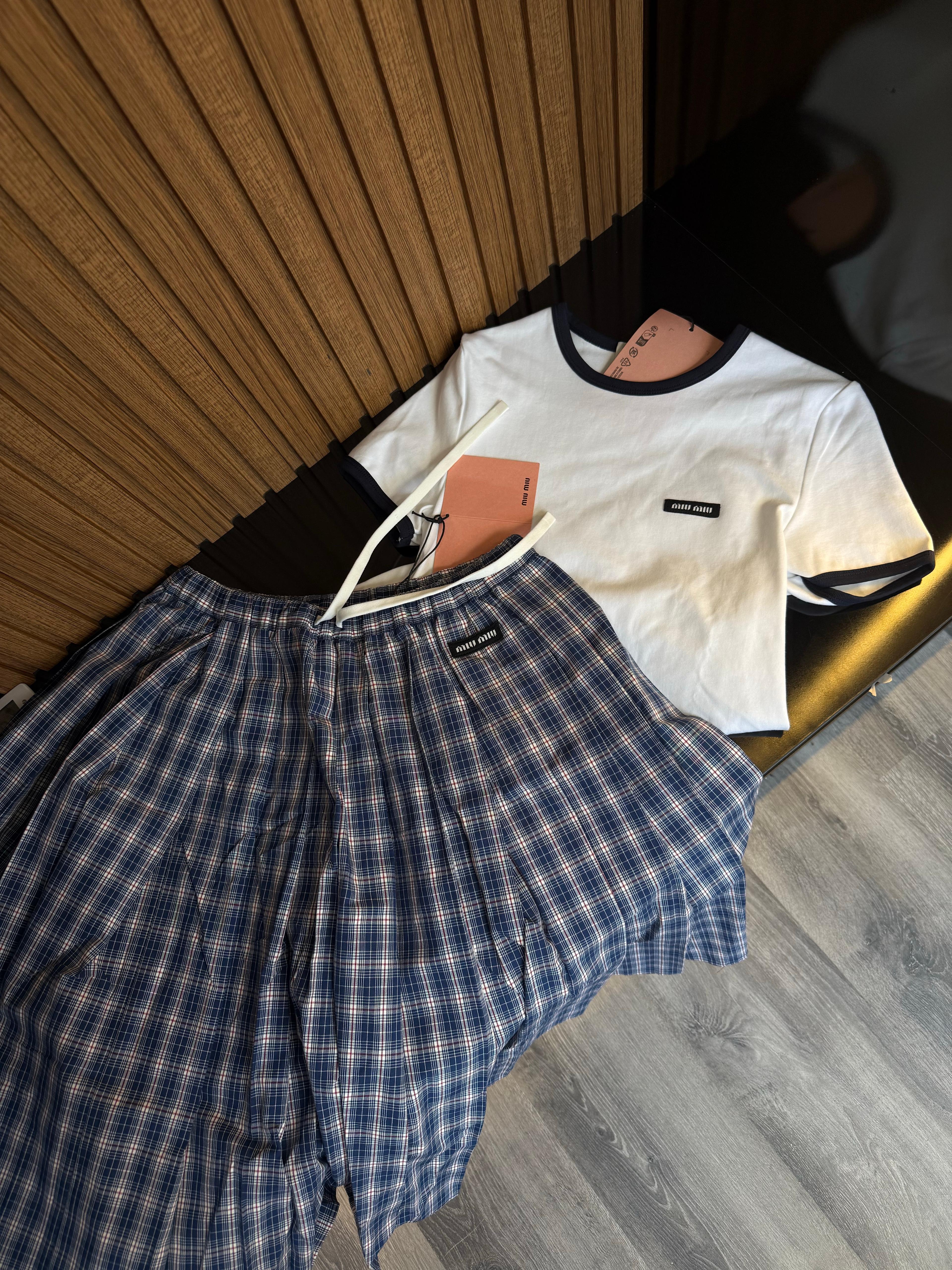 Miu- Lüks Ekose Pileli Etek- Navy 