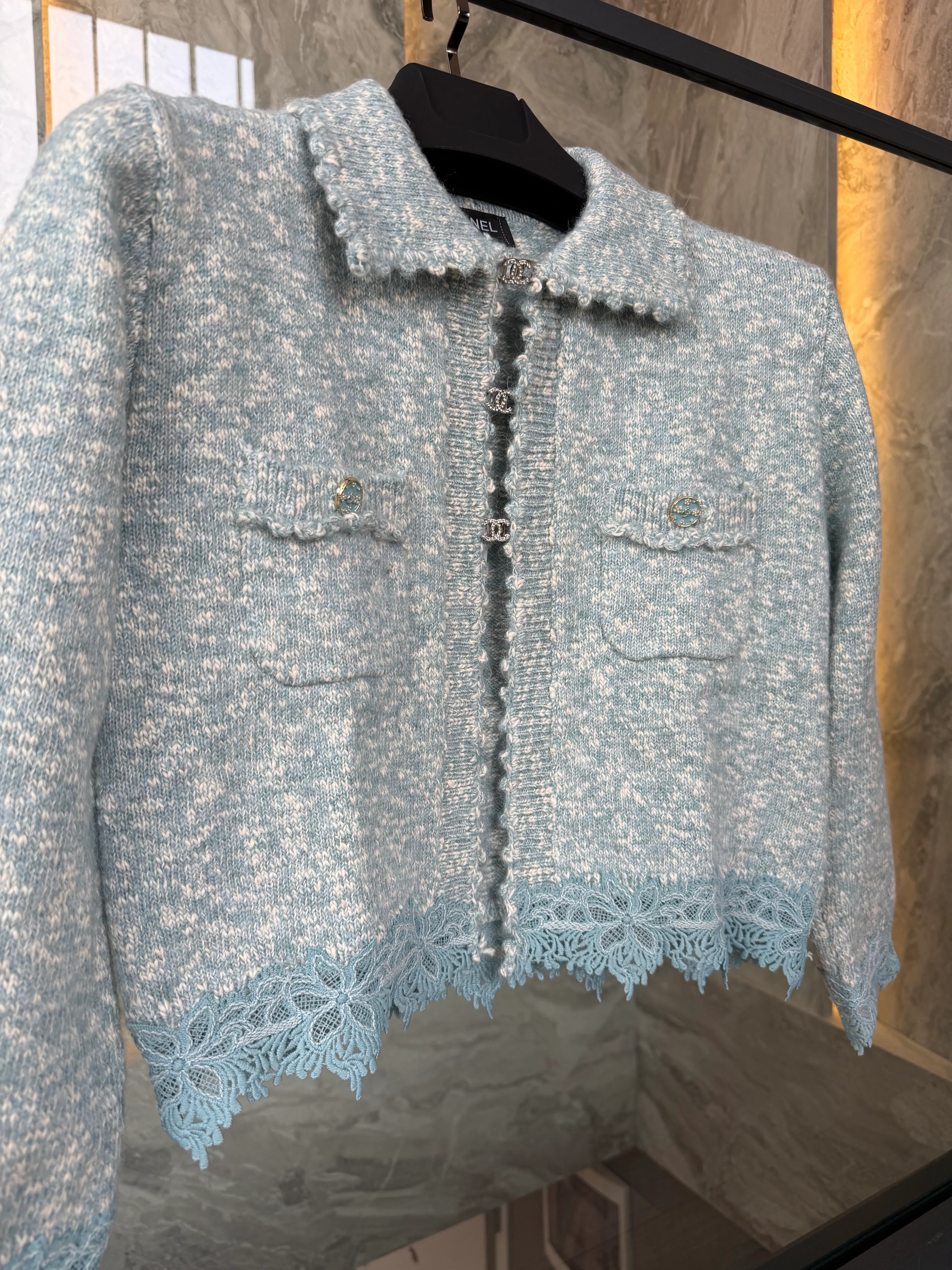 Chan / Lace-Trim Knit Cardigan – Bleu Céleste