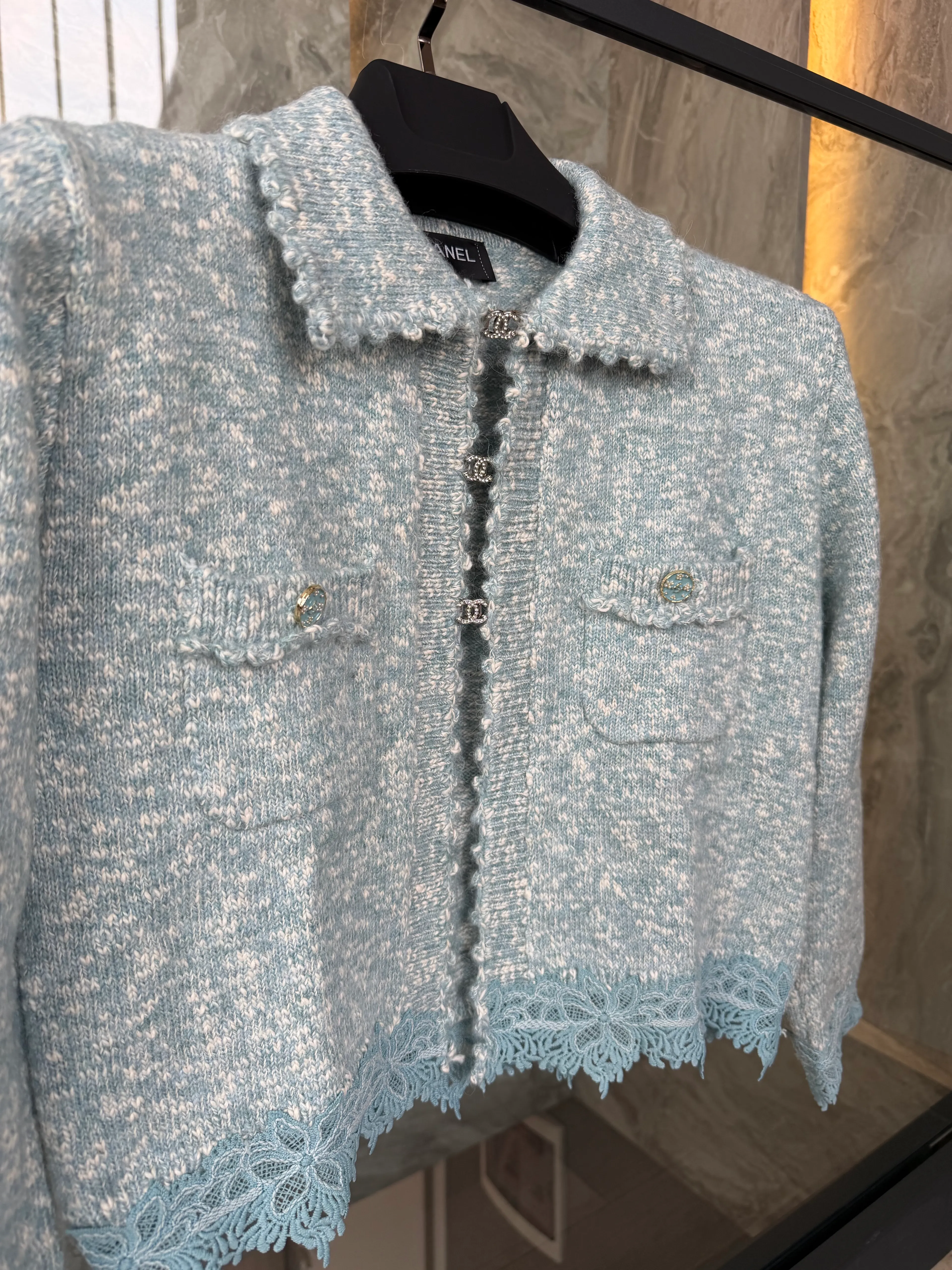Chan / Lace-Trim Knit Cardigan – Bleu Céleste