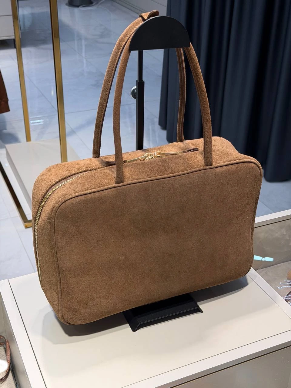 MIU Suede Logo Tote – Camel Brown