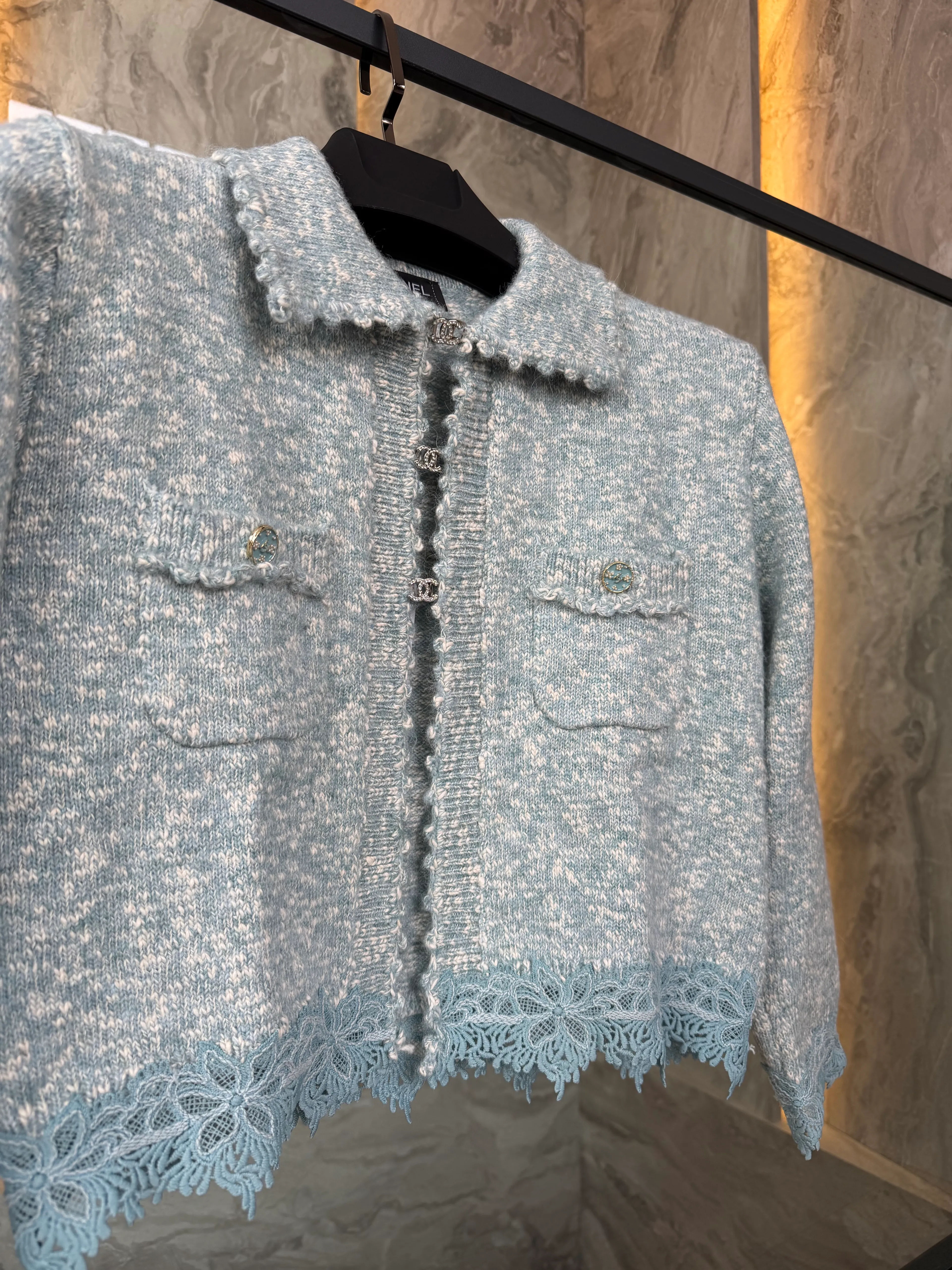 Chan / Lace-Trim Knit Cardigan – Bleu Céleste