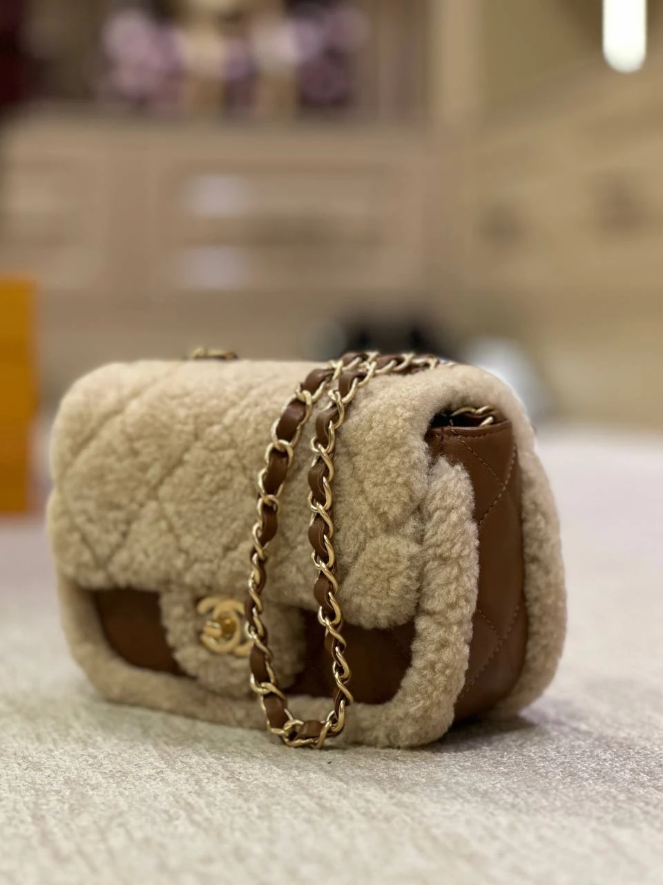 Chan/ Shearling Flap Bag – Caramel Beige