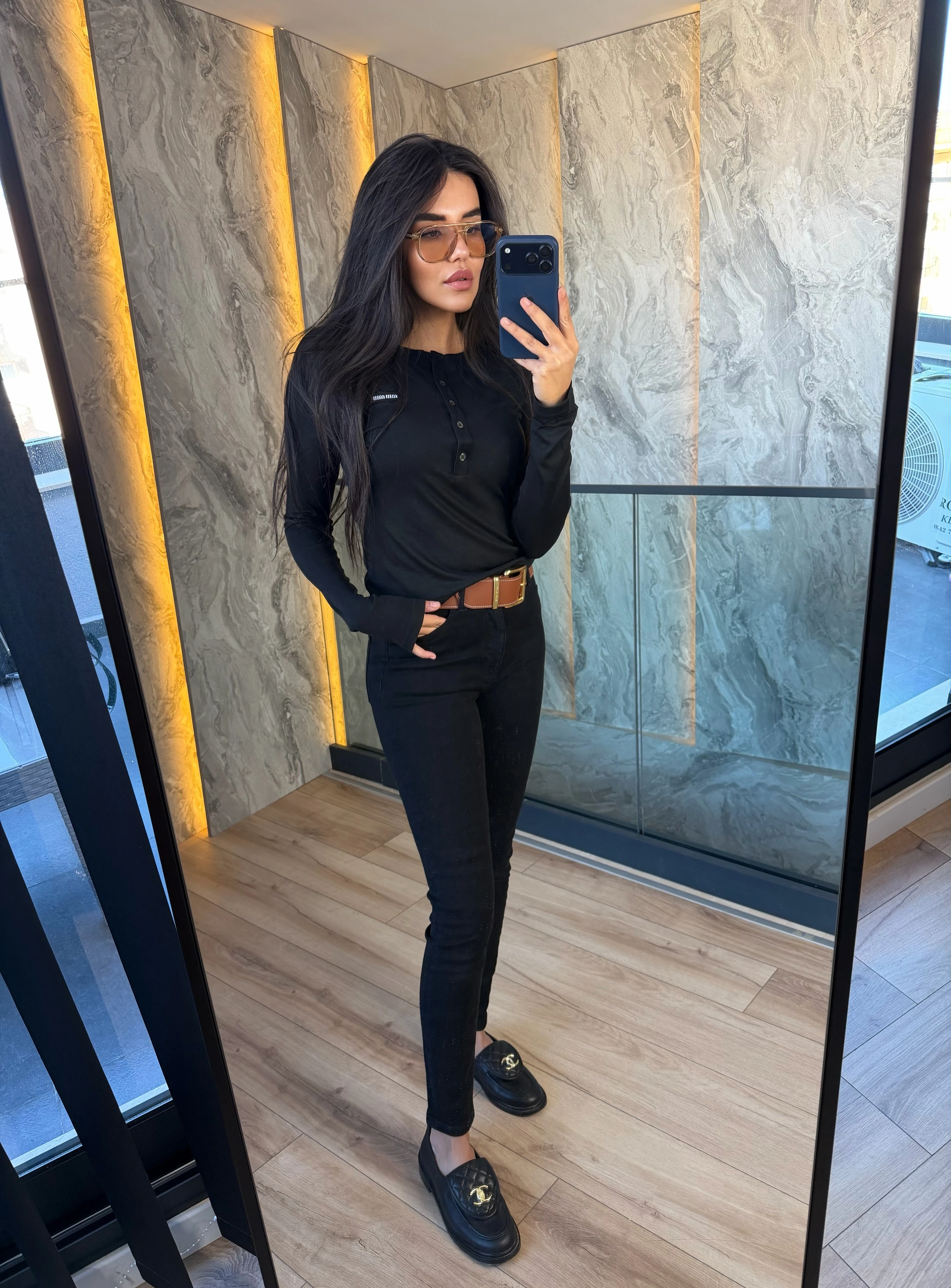 Miu Siyah Düğmeli Ribbed Uzun Kol