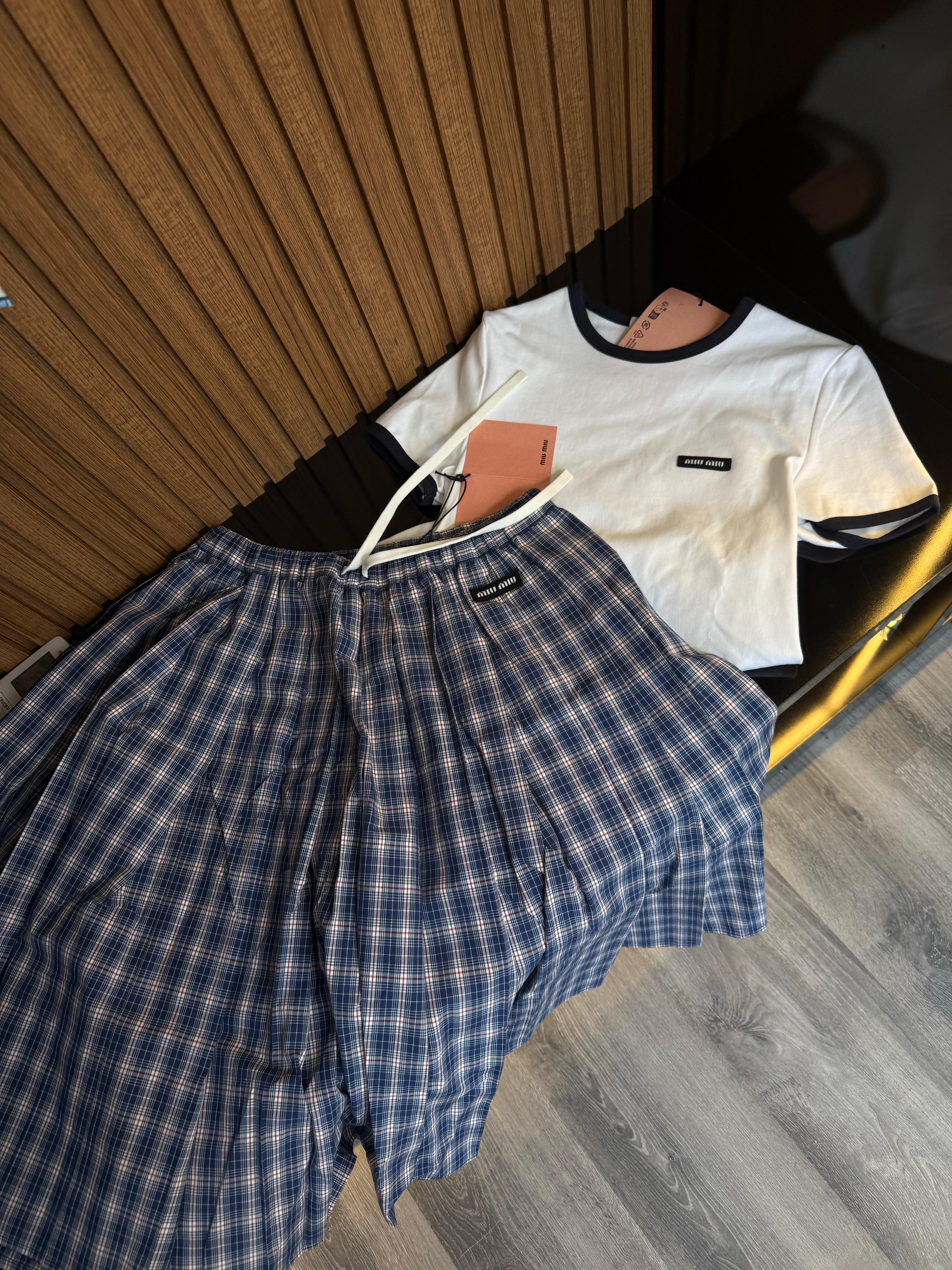 Miu- Lüks Ekose Pileli Etek- Navy 