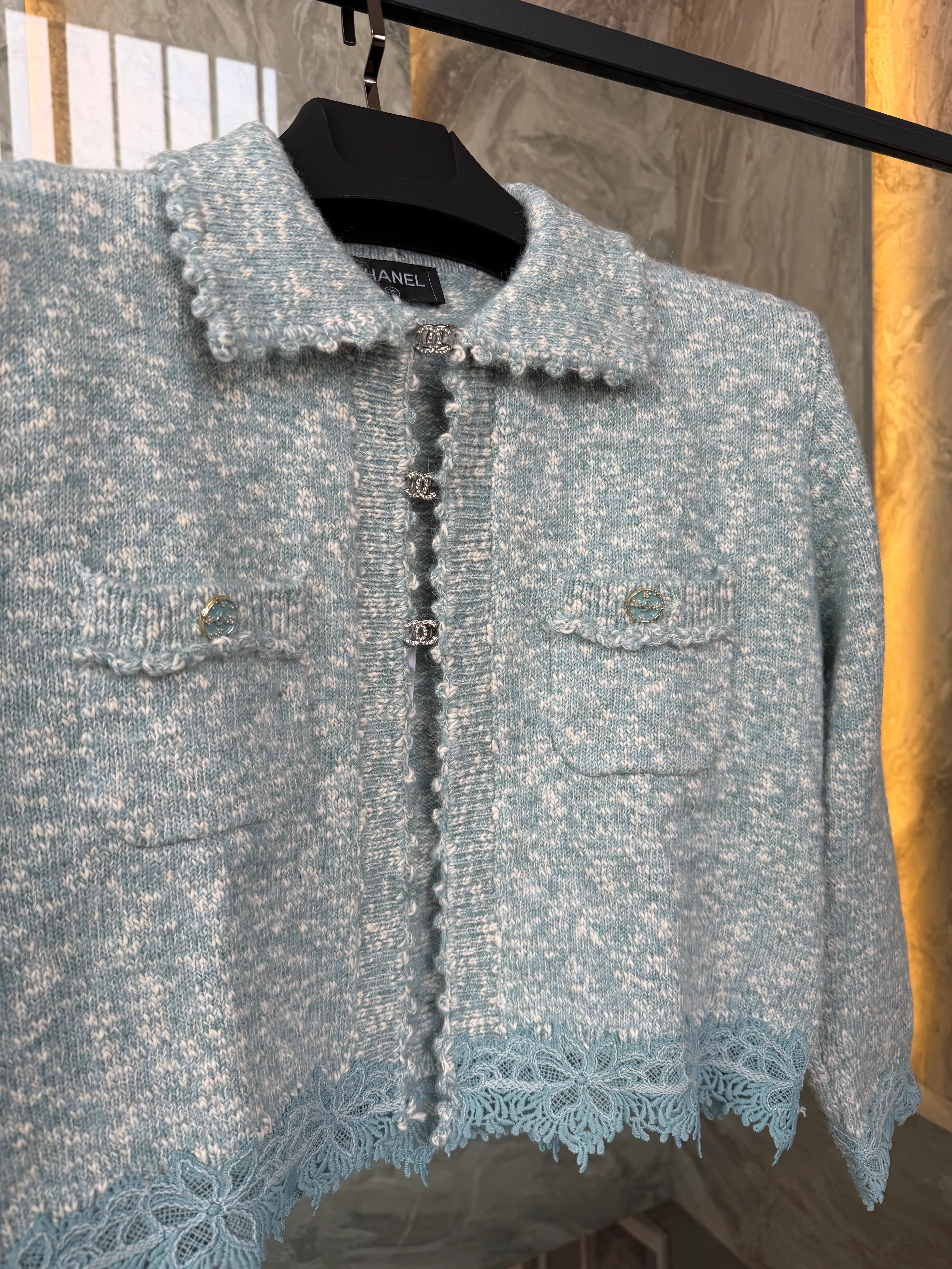 Chan / Lace-Trim Knit Cardigan – Bleu Céleste