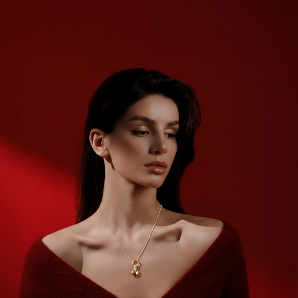 14 Ayar Altın Taş Detaylı Kalp Charm Kadın Kolye