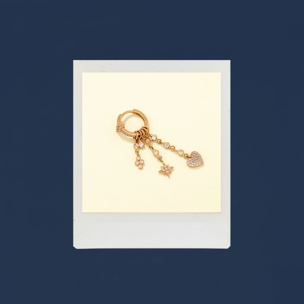 14 Ayar Altın Kalp-Kuzey Yıldızı Charmlı Kadın Tek Küpe