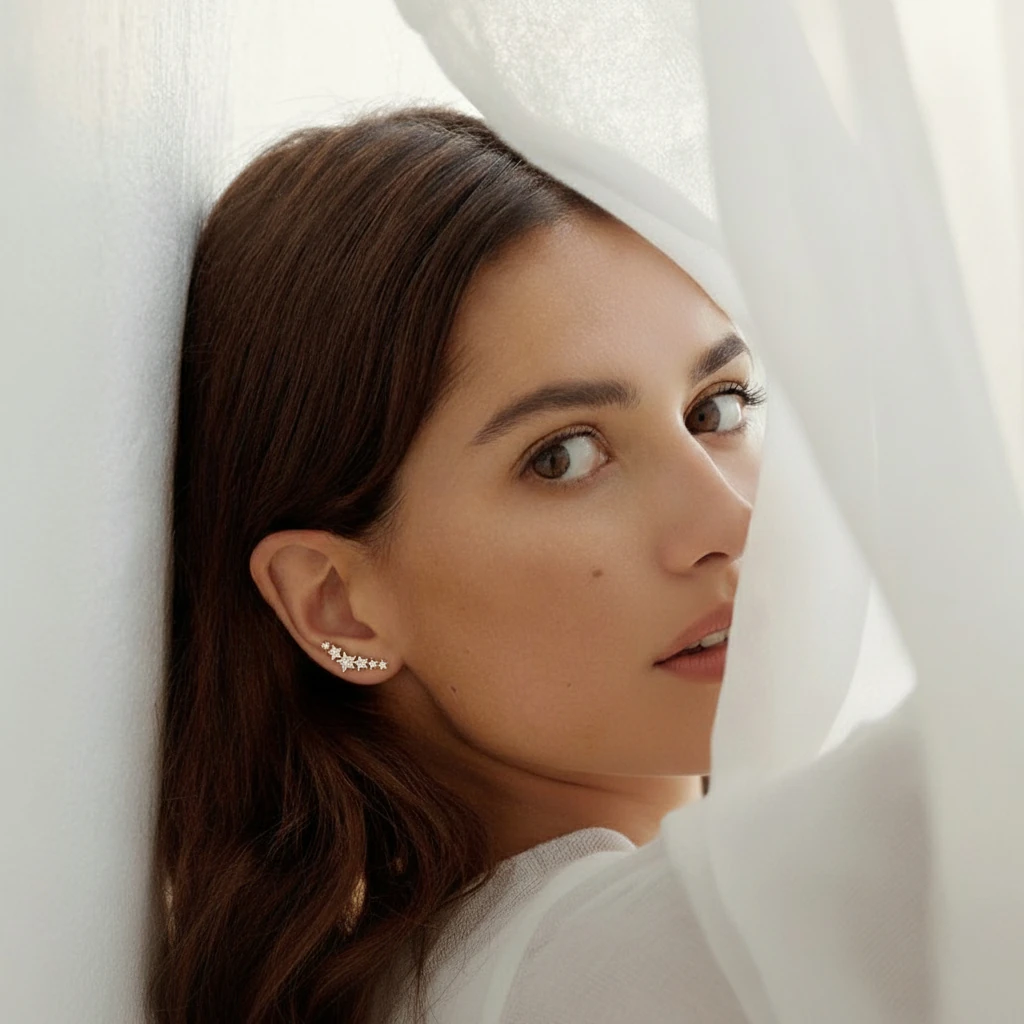 14 Ayar Altın Sıralı Yıldızlı Vidalı Kadın Küpe