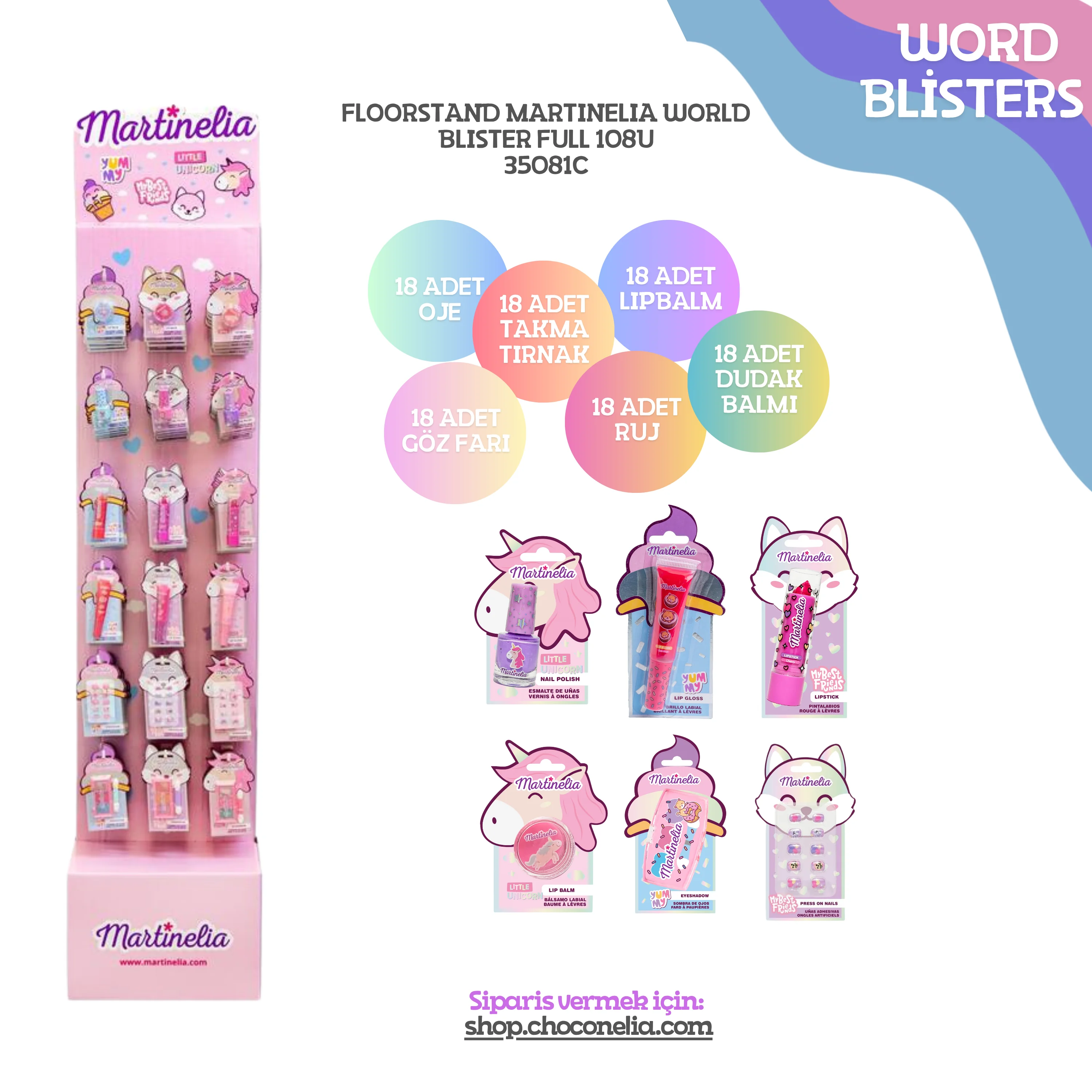 Martinelia World Blisters Kozmetik Stantı (108 Adet-6 Çeşit Model)