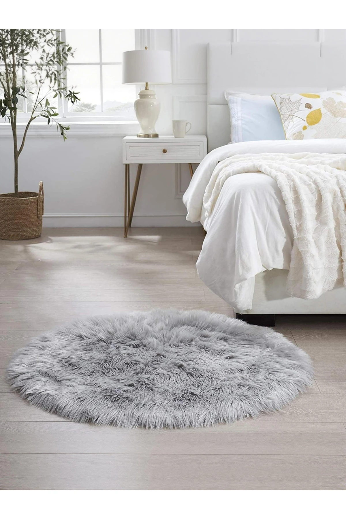 Puffy Yumuşacık Kuzu Post Yuvarlak Kaymaz Taban Kürk Halı Makinede Yıkanabilir - gri