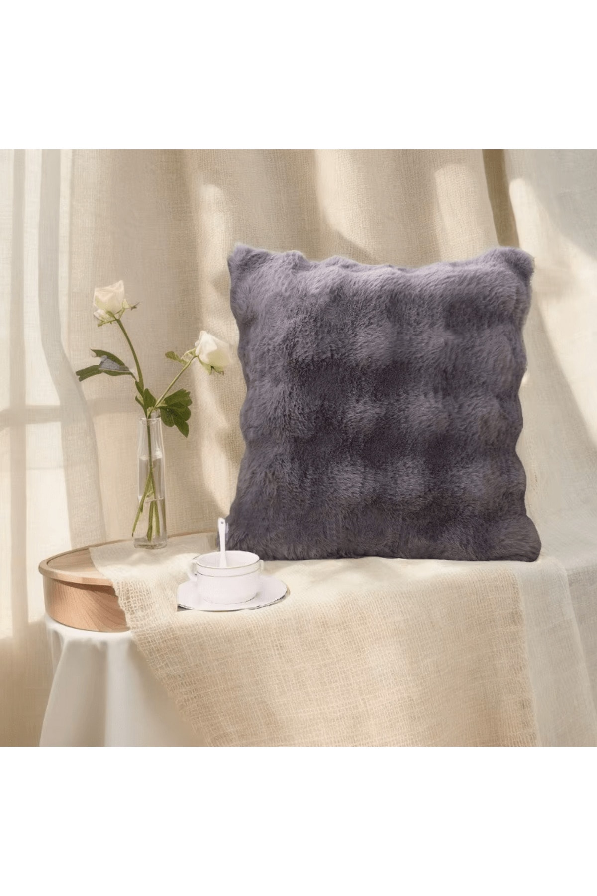Bubble Tavşan Tüyü, Yumuşacık, Çift Taraflı, Gizli Fermuarlı Pofuduk Kırlent Kılıfı 40x40 