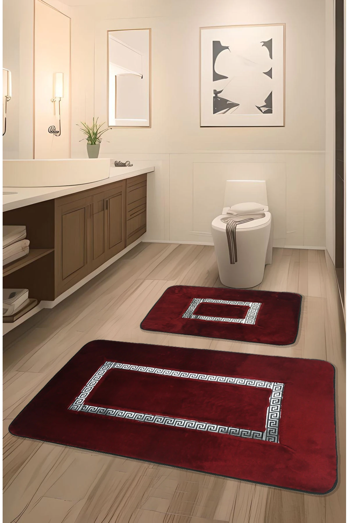 Meram Kaymaz Taban, Emici 2'li Ultra Lüks Deri Detaylı Banyo Paspası Seti 