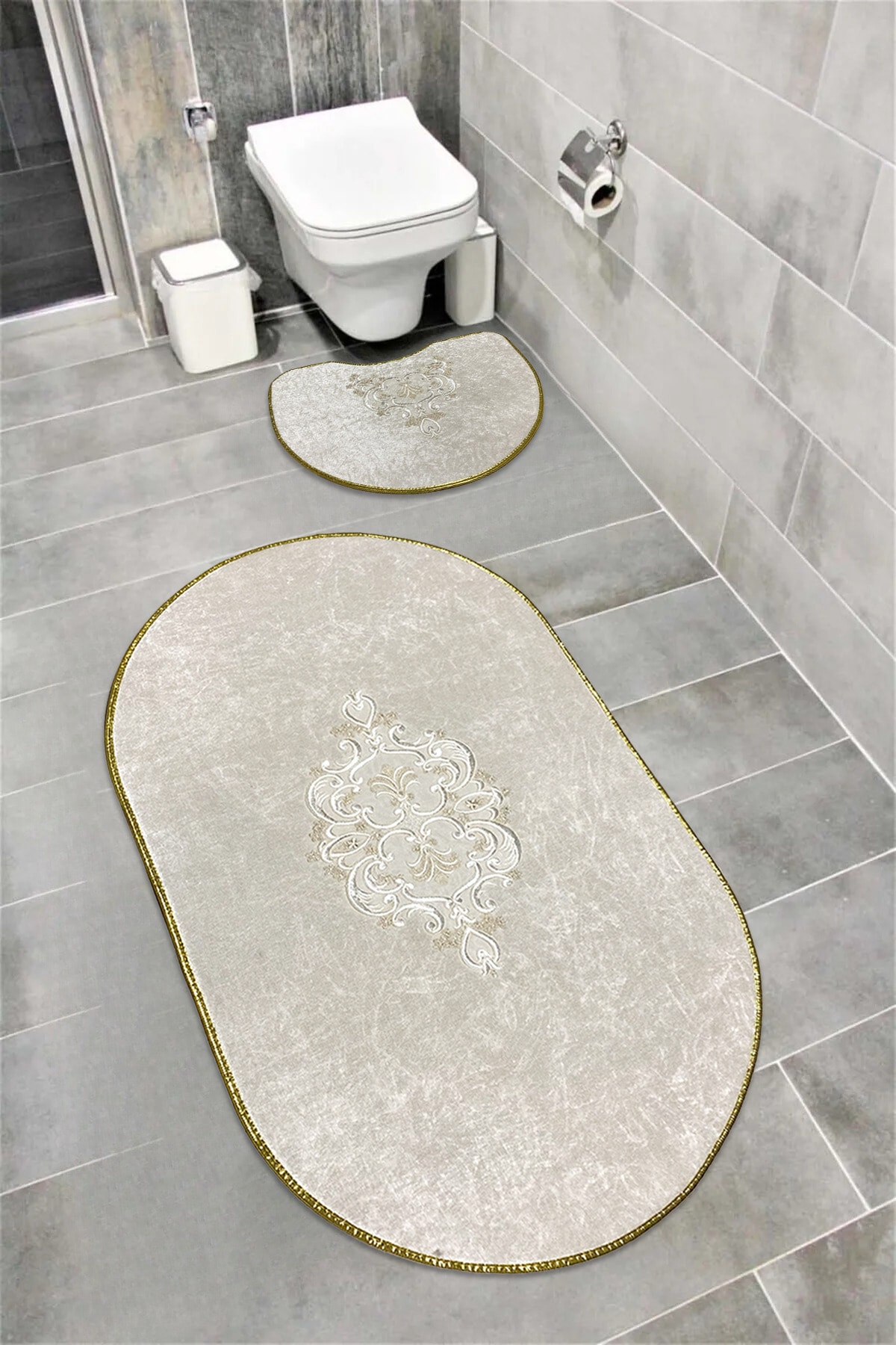 Akseki Kaymaz Taban, Emici, Kadife 2'li Süper Lüks Oval Banyo Paspası Seti  - ekru
