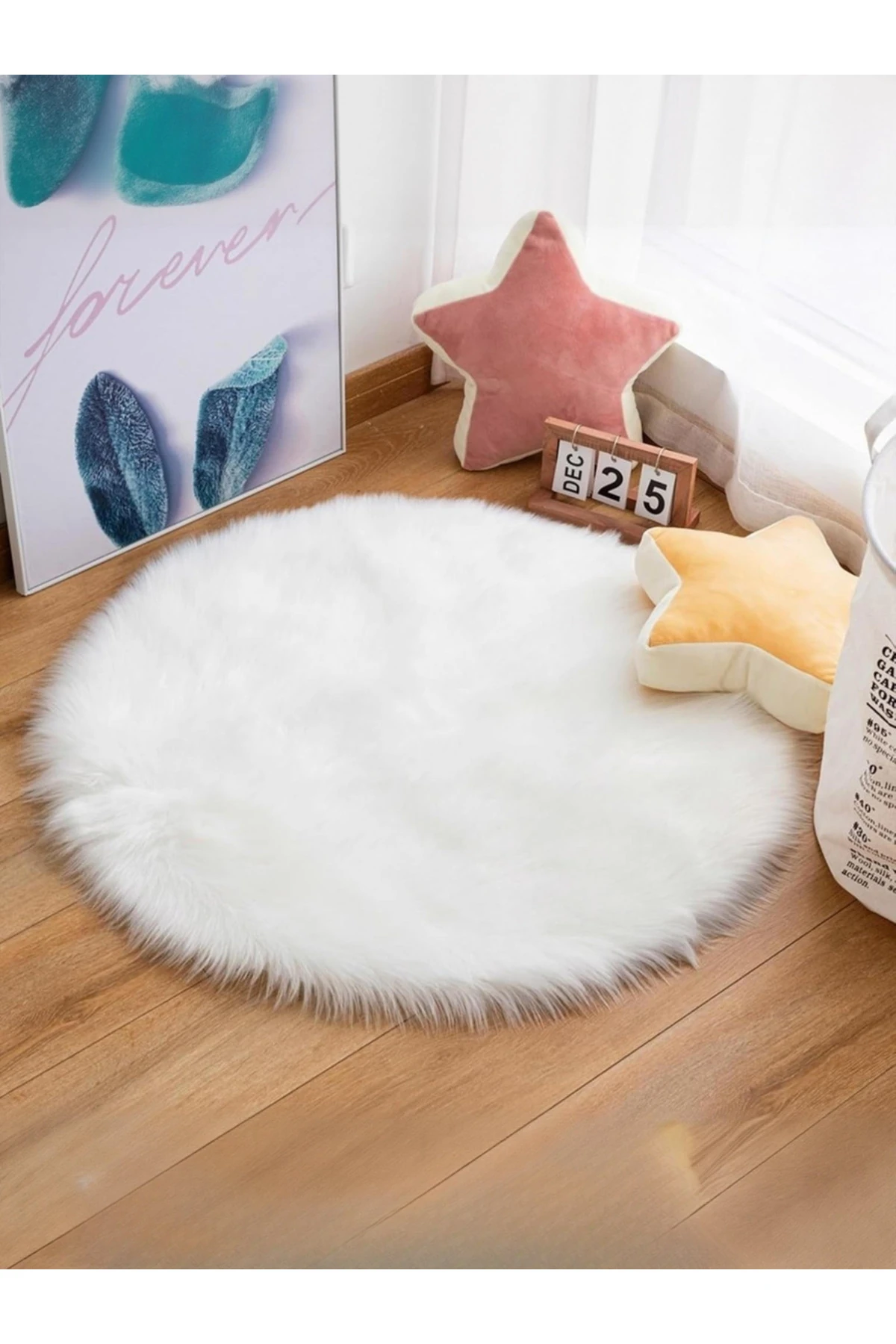 Puffy Yumuşacık Kuzu Post Yuvarlak Kaymaz Taban Kürk Halı Makinede Yıkanabilir - beyaz