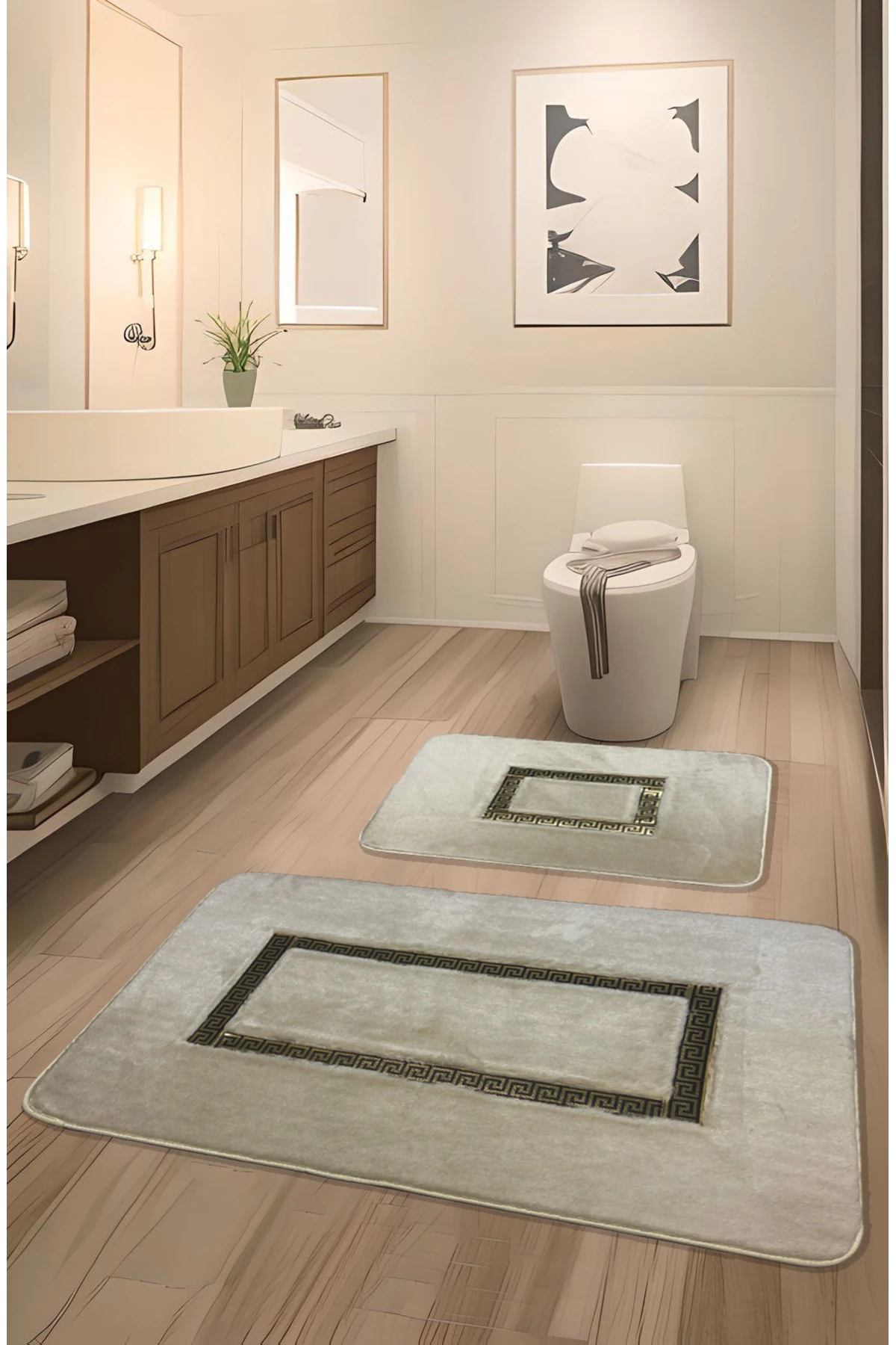 Meram Kaymaz Taban, Emici 2'li Ultra Lüks Deri Detaylı Banyo Paspası Seti 