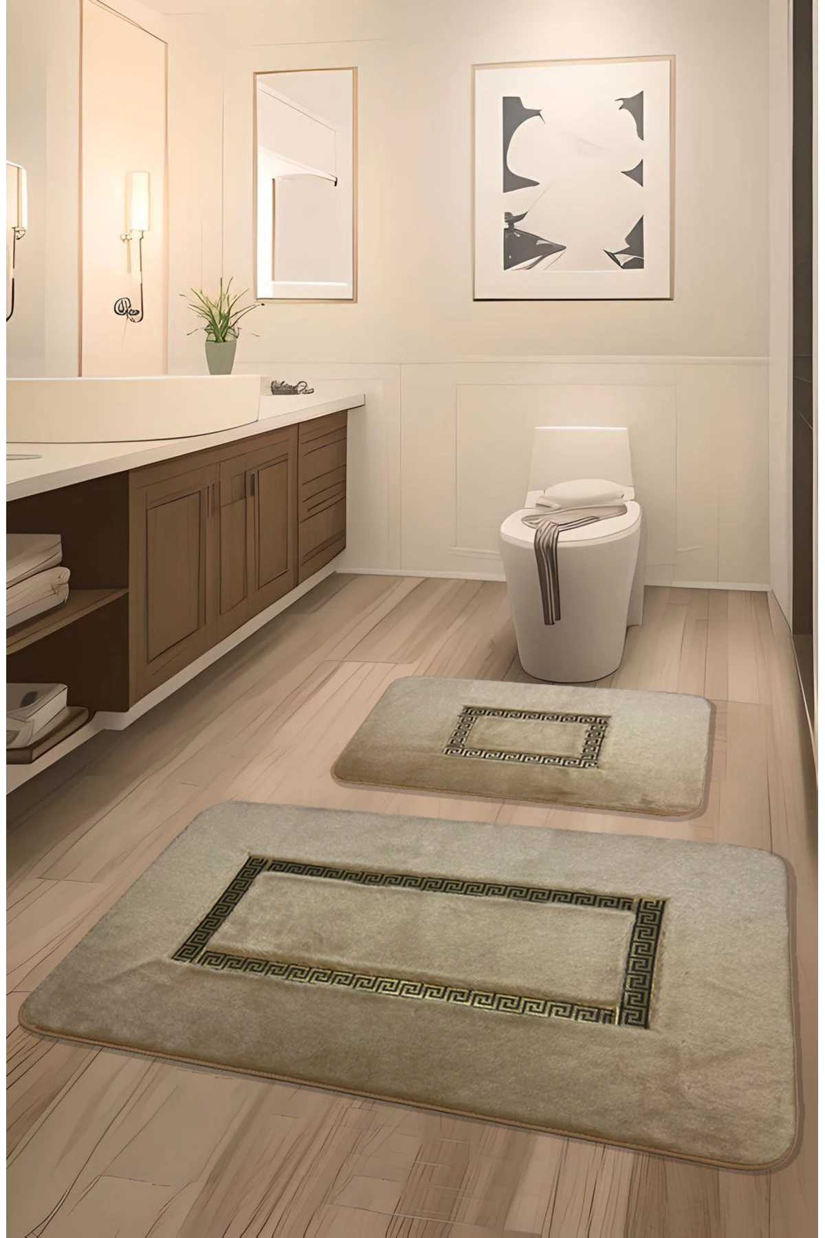 Meram Kaymaz Taban, Emici 2'li Ultra Lüks Deri Detaylı Banyo Paspası Seti 