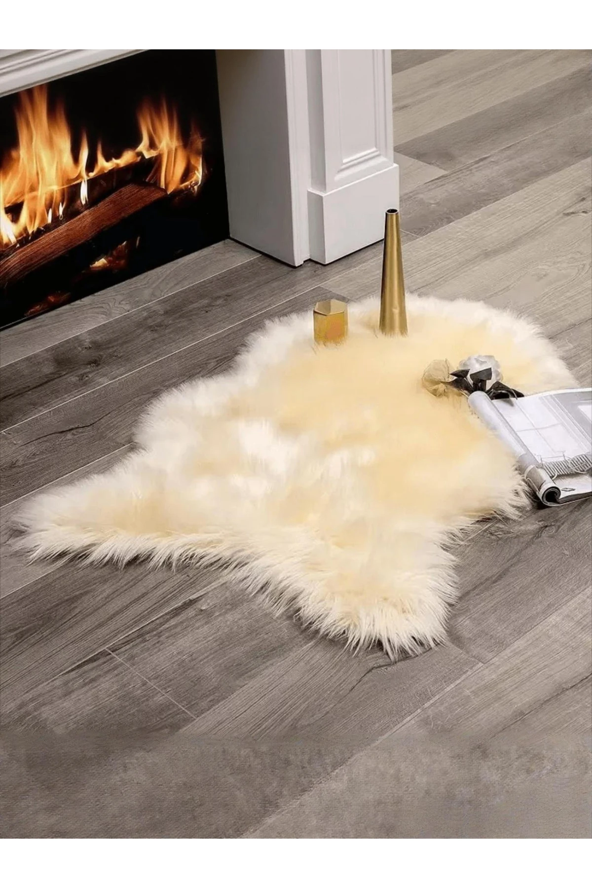 Puffin Yumuşacık Kuzu Post Kaymaz Taban Kürk Halı Makinede Yıkanabilir - krem