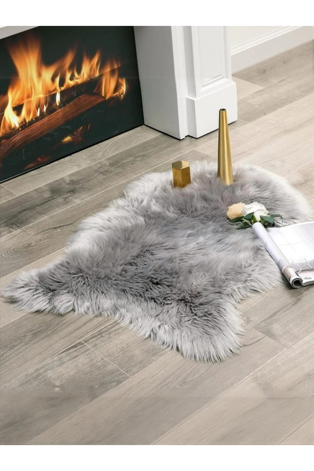 Puffin Yumuşacık Kuzu Post Kaymaz Taban Kürk Halı Makinede Yıkanabilir - gri