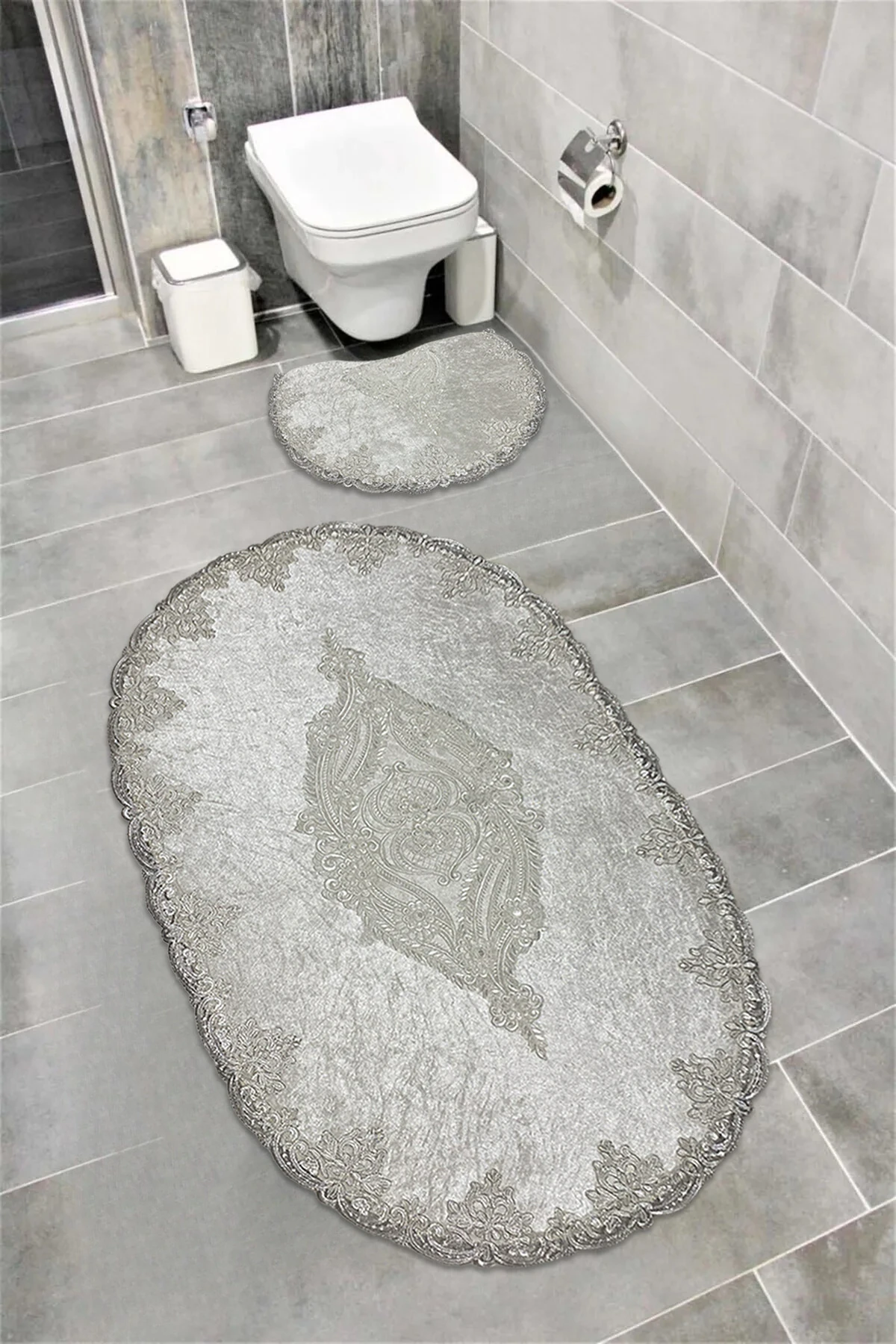 Milas Kaymaz Taban, Kadife Dantel Detaylı 2'li Süper Lüks Oval Banyo Paspası Seti 