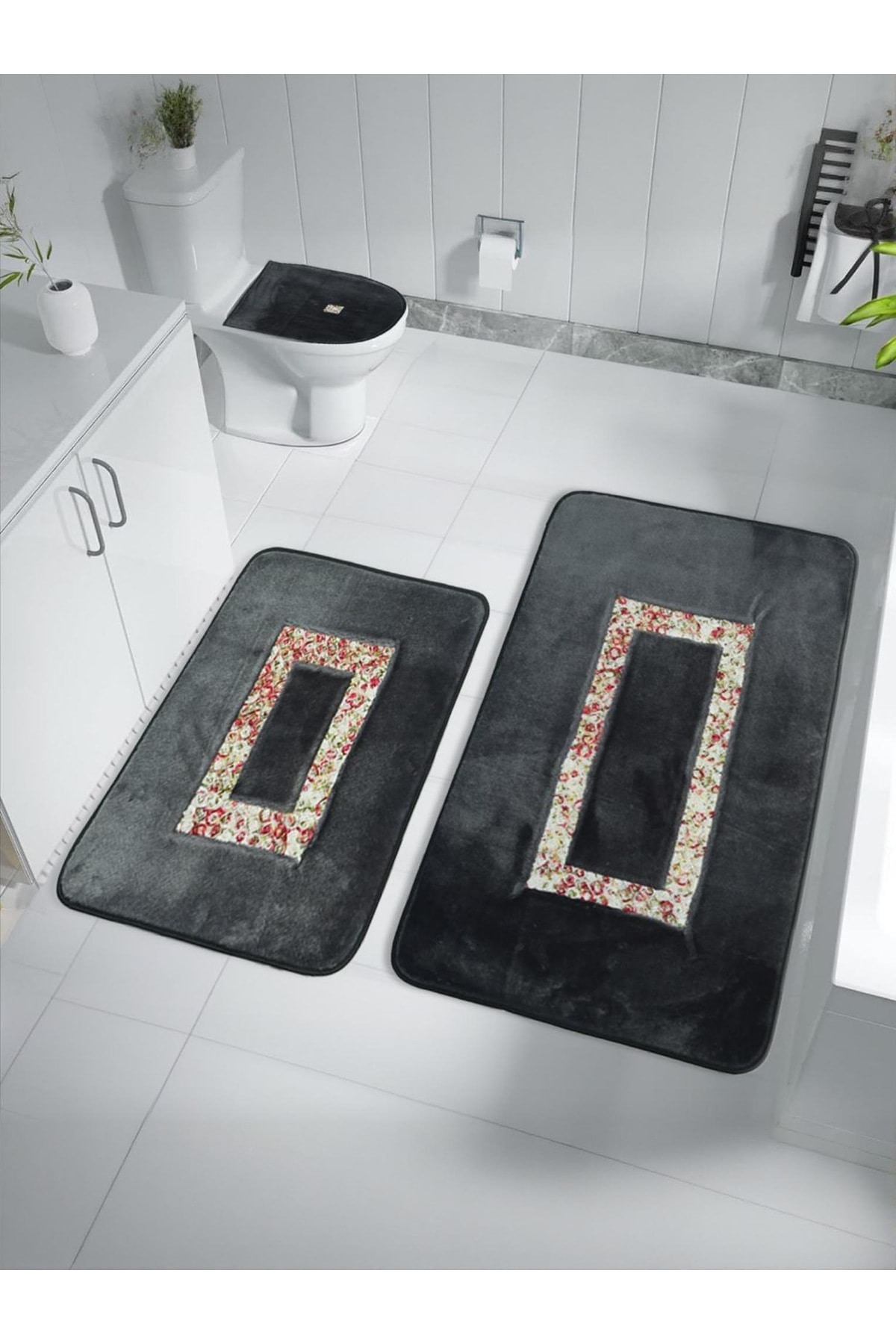 Arsuz Kaymaz Taban, Emici 3'lü Lüks Banyo Paspası Seti - antrasit