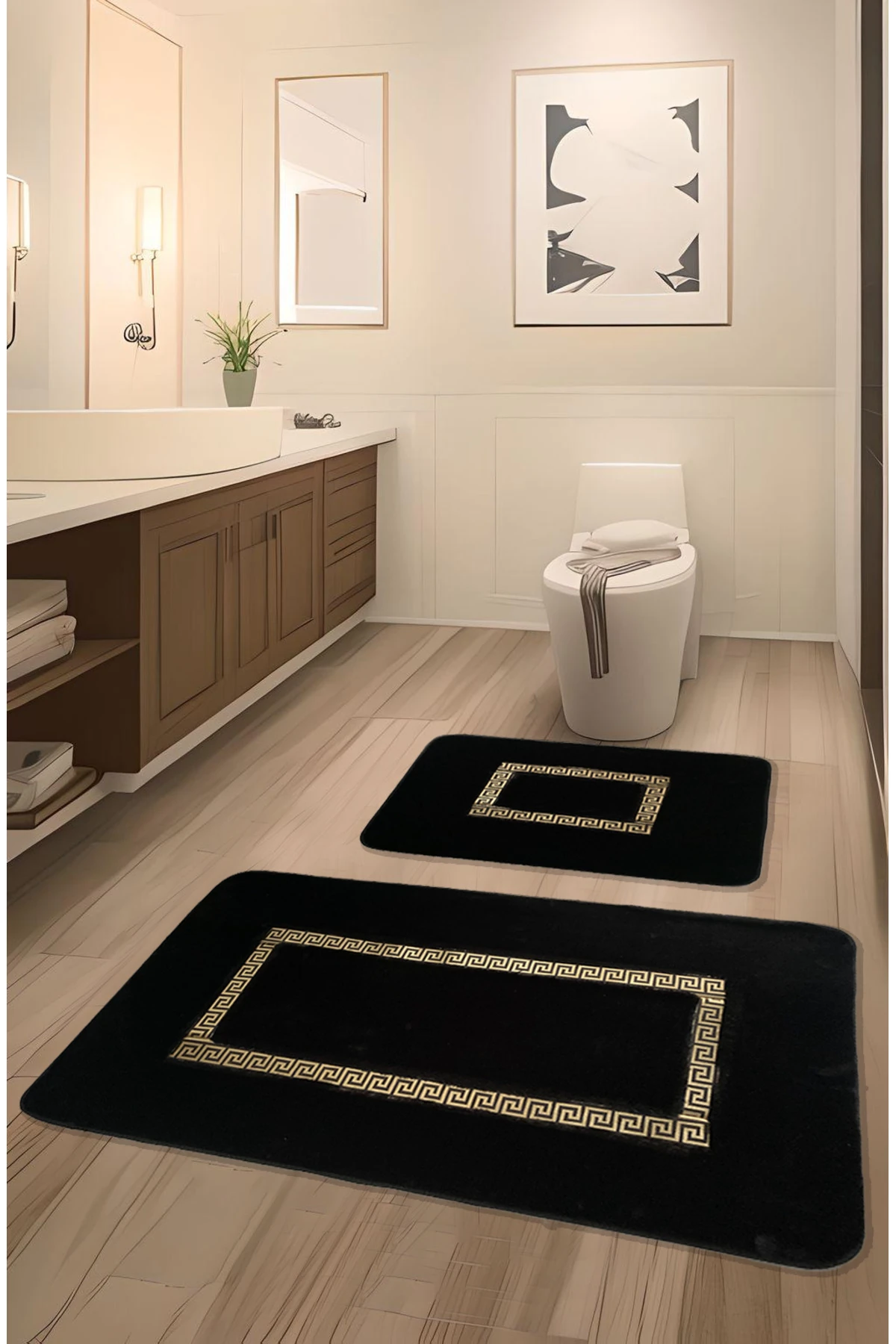 Meram Kaymaz Taban, Emici 2'li Ultra Lüks Deri Detaylı Banyo Paspası Seti 