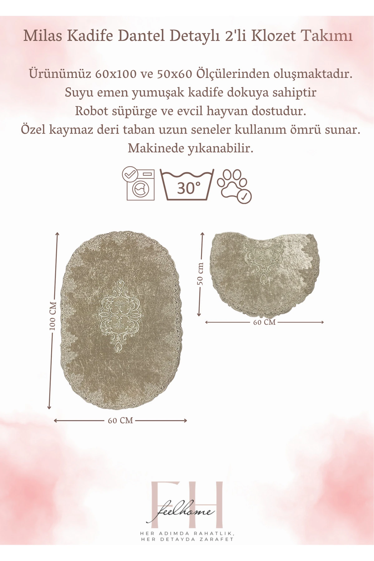 Milas Kaymaz Taban, Kadife Dantel Detaylı 2'li Süper Lüks Oval Banyo Paspası Seti 