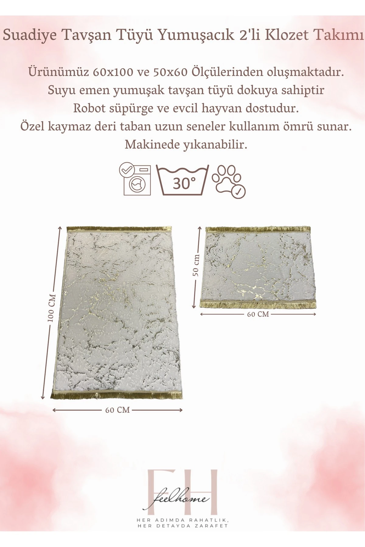 Suadiye, Tavşan Tüyü Yumuşacık,Kaymaz Taban, Emici 2'li Süper Lüks Simli Banyo Paspası