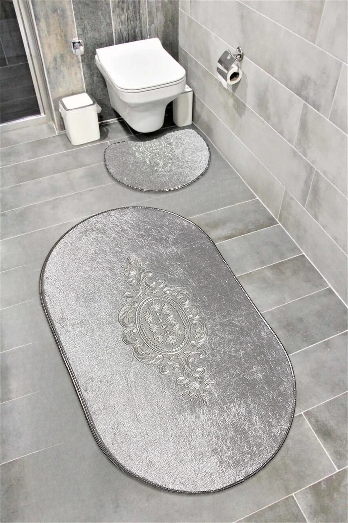 Akseki Kaymaz Taban, Emici, Kadife 2'li Süper Lüks Oval Banyo Paspası Seti  - gri