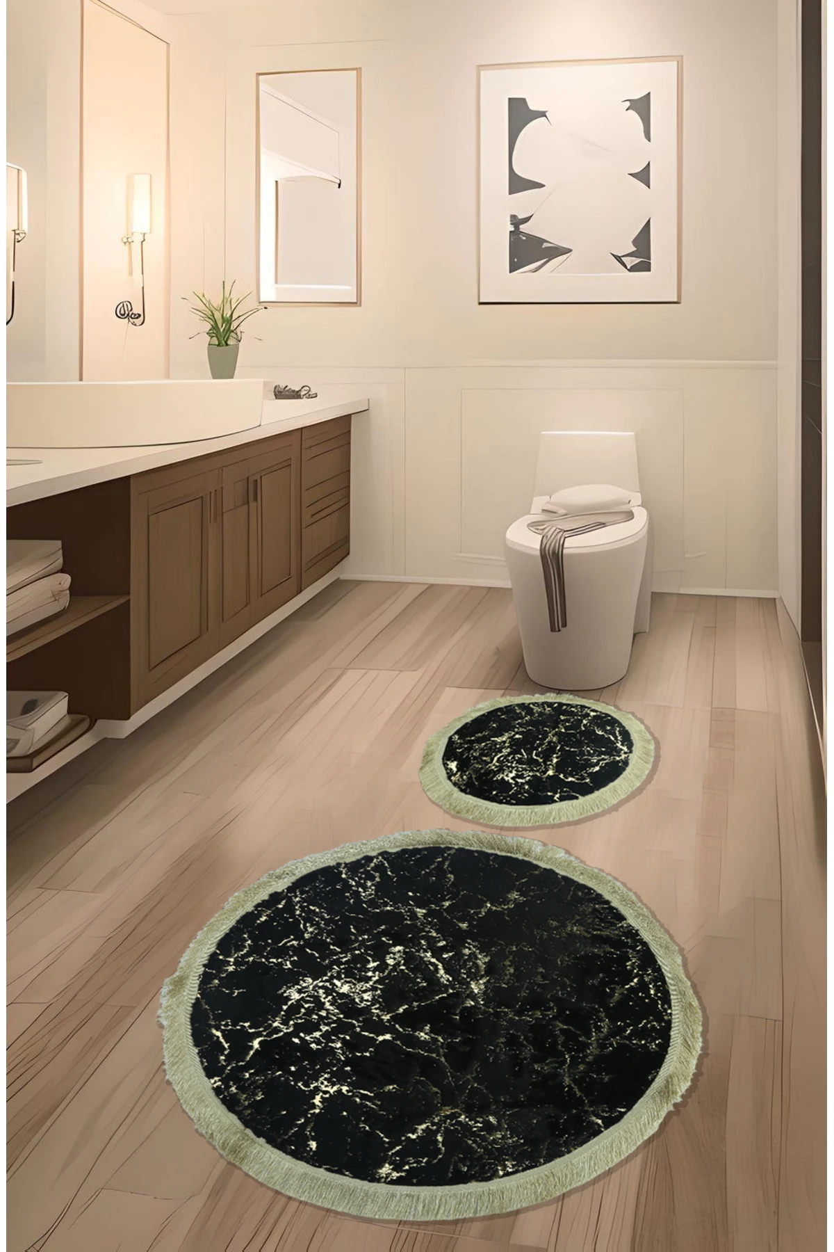 Suadiye Kaymaz Taban,Emici 2'li Süper Lüks Yuvarlak Simli Banyo Paspası Seti  - siyah