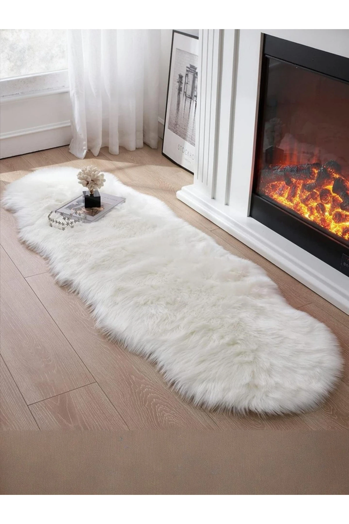 Puffin Yumuşacık Kuzu Çift Kafa Post Kaymaz Taban Kürk Halı Makinede Yıkanabilir - ekru