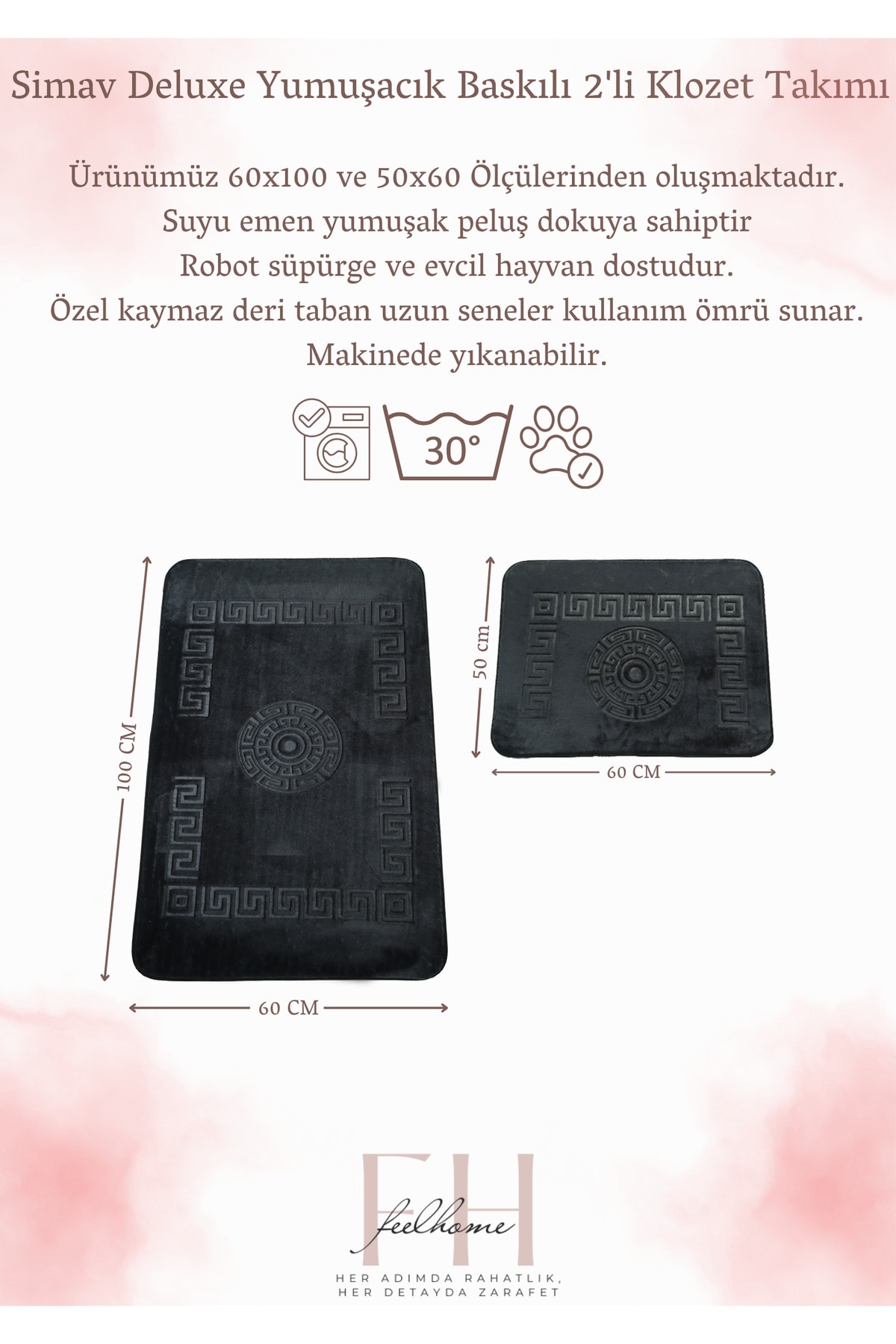 Simav Deluxe Kaymaz Taban, Yumuşacık, Emici 2'li Lüks Baskılı Banyo Paspası 
