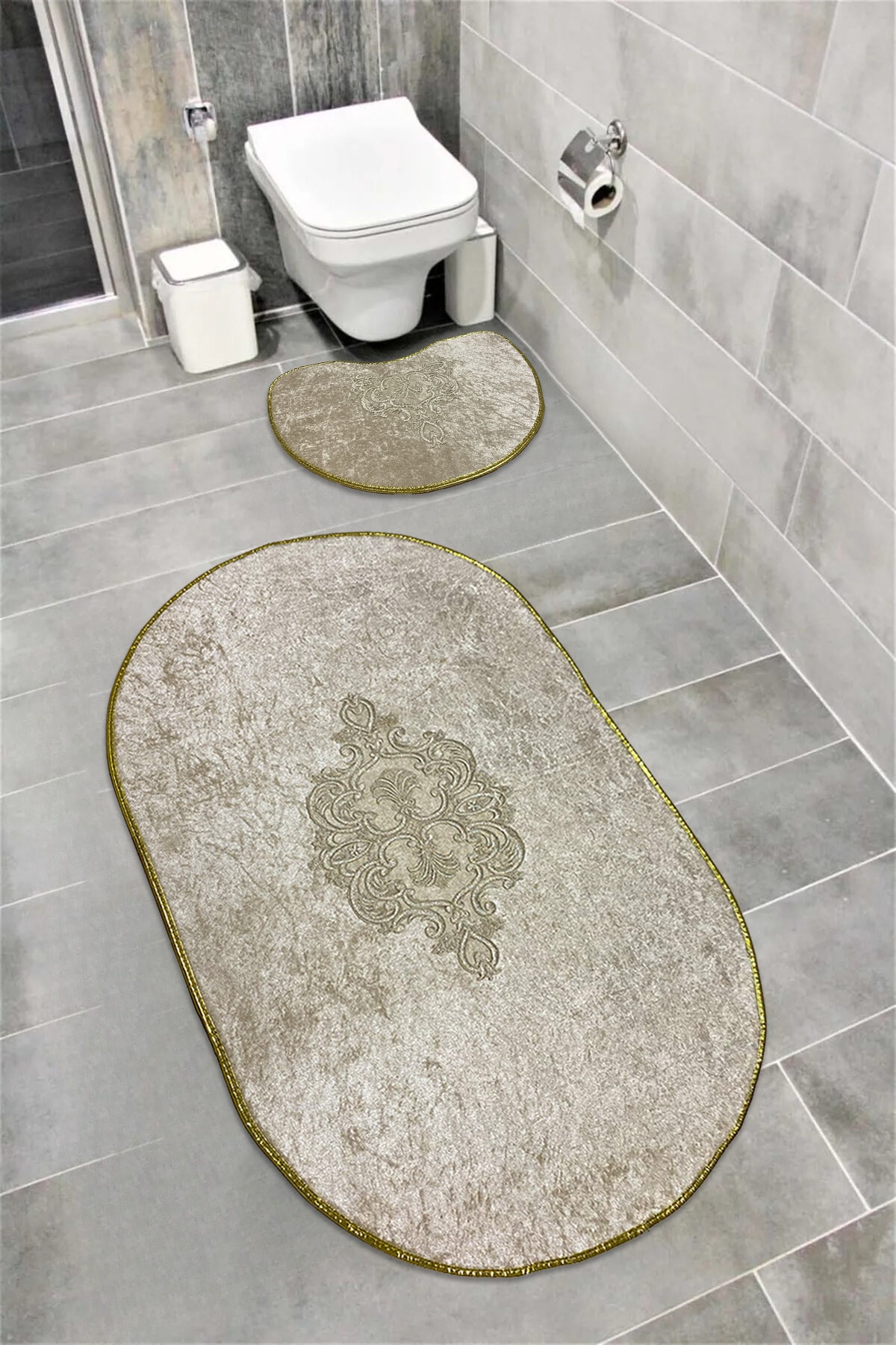 Akseki Kaymaz Taban, Emici, Kadife 2'li Süper Lüks Oval Banyo Paspası Seti  - açık kahverengi