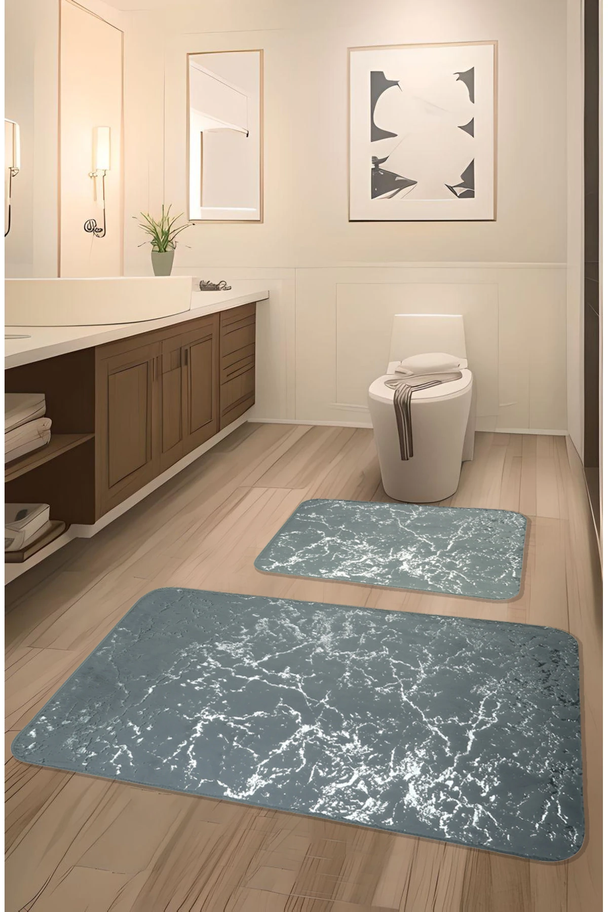 Suadiye Kaymaz Taban,Emici 2'li Süper Lüks Oval Simli Banyo Paspası Seti  - gri