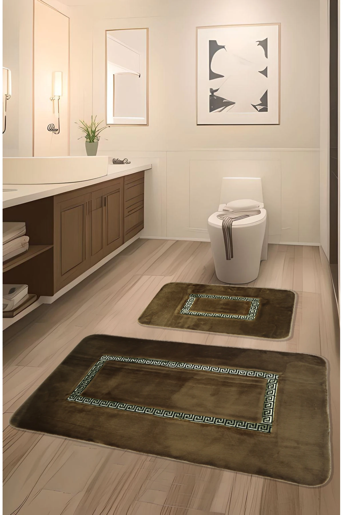 Meram Kaymaz Taban, Emici 2'li Ultra Lüks Deri Detaylı Banyo Paspası Seti 