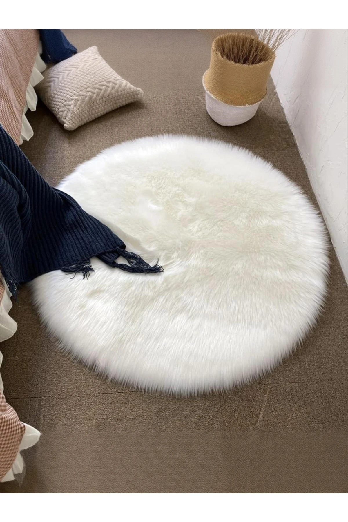 Puffy Yumuşacık Kuzu Post Yuvarlak Kaymaz Taban Kürk Halı Makinede Yıkanabilir