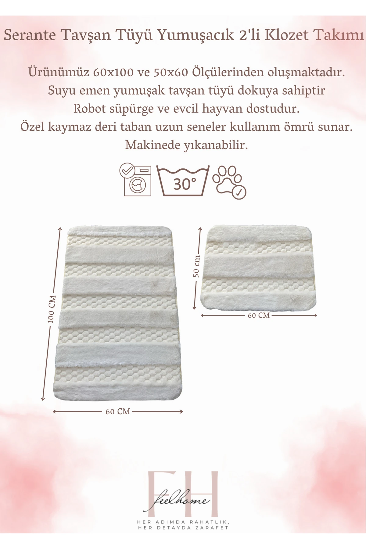 Serante Tavşan Tüyü, Kaymaz Taban, Pofuduk, Yumuşacık, Ultra Lüks, Yıkanabilir 2'li Banyo Paspası