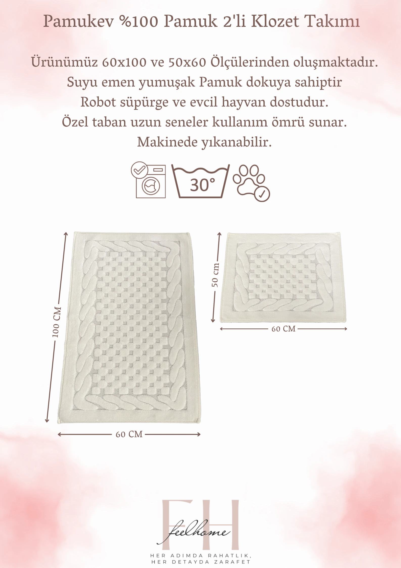 Kapadokya Yumuşacık, Süper Emici 2'li 100% Pamuk Ultra Lüks Banyo Paspası Seti