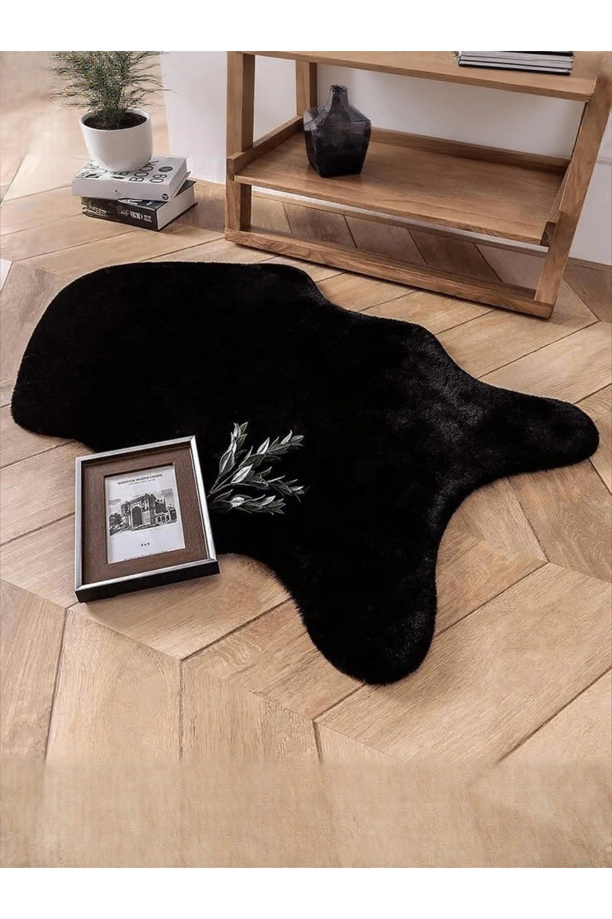 Bonnie Tavşan Tüyü, Ultra Lüks, Süet Taban Yıkanabilir, Post Halı  - siyah
