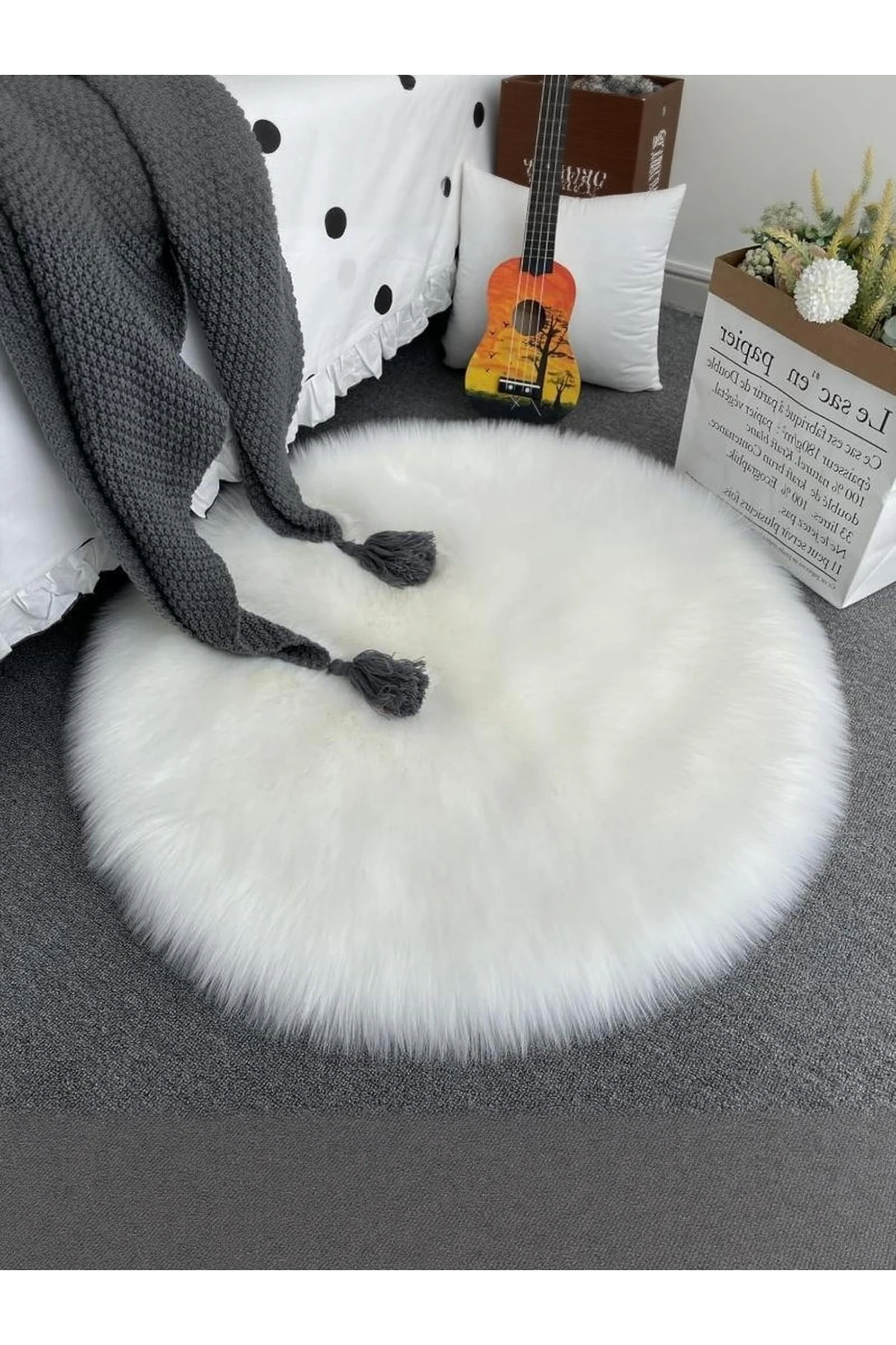 Puffy Yumuşacık Kuzu Post Yuvarlak Kaymaz Taban Kürk Halı Makinede Yıkanabilir