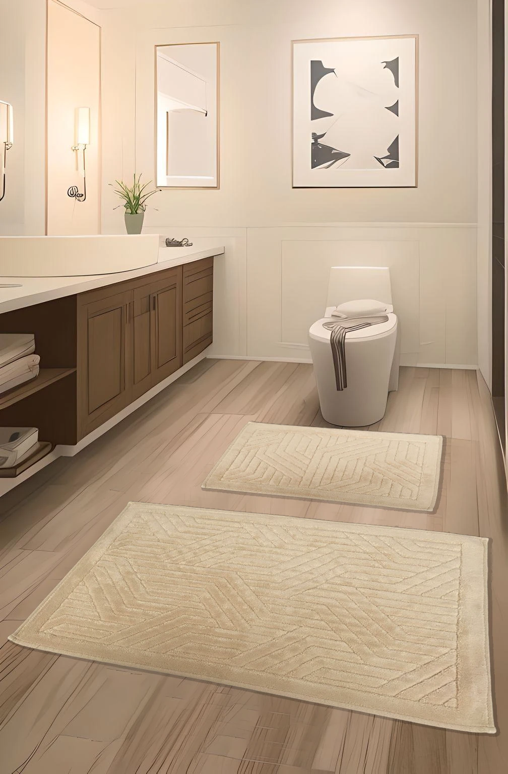 Kapadokya Yumuşacık, Süper Emici 2'li 100% Pamuk Ultra Lüks Banyo Paspası Seti - camel