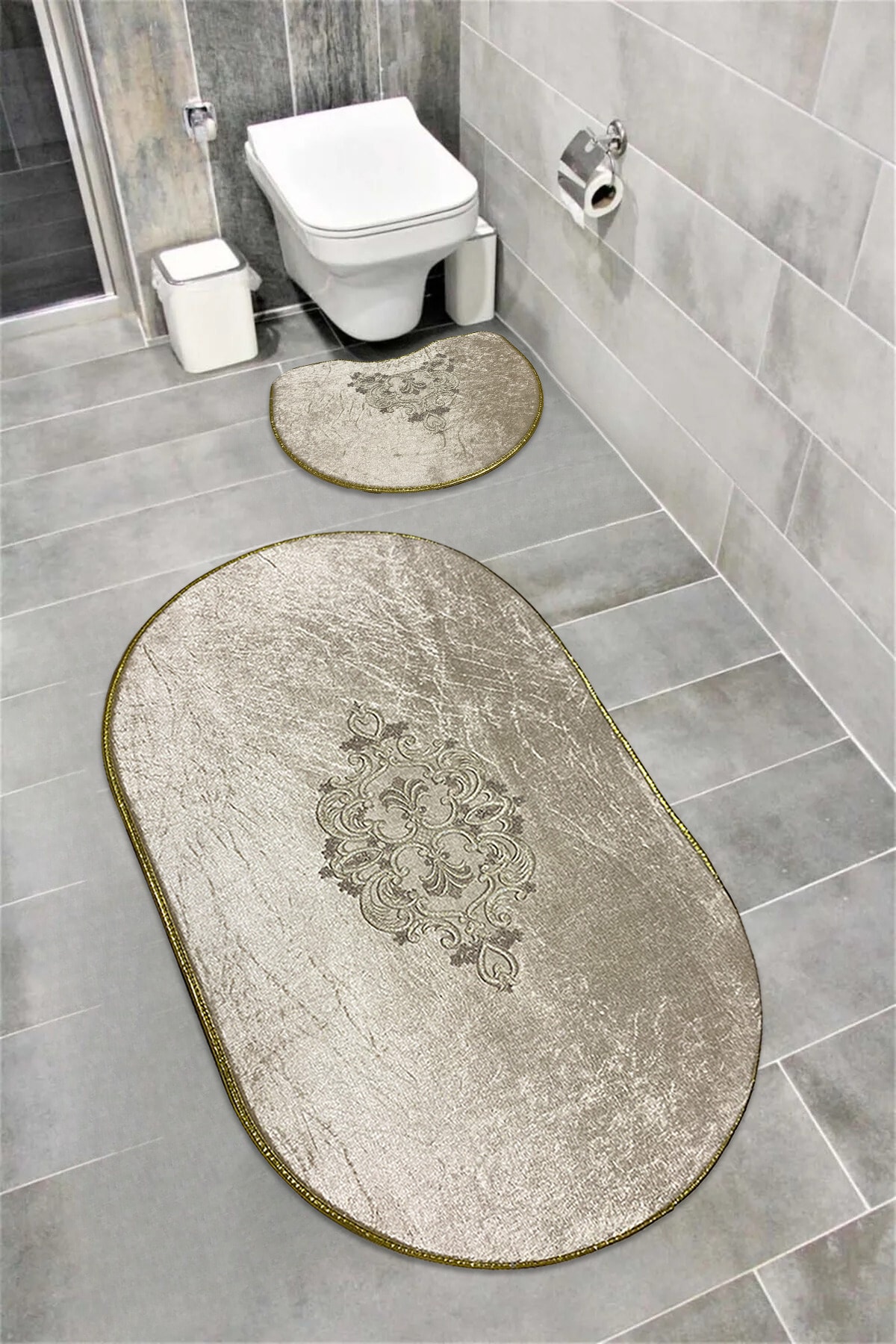 Akseki Kaymaz Taban, Emici, Kadife 2'li Süper Lüks Oval Banyo Paspası Seti  - koyu kahverengi