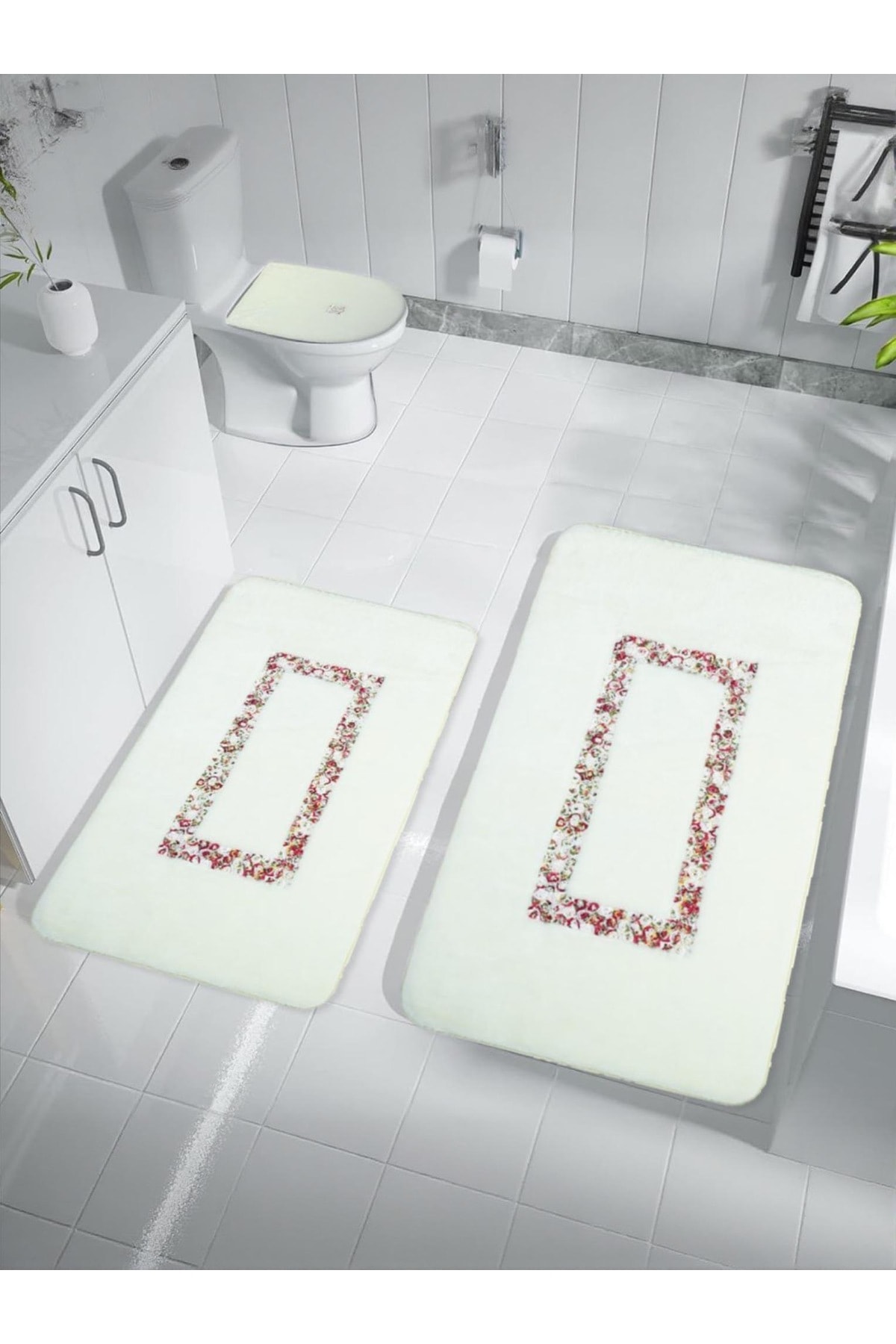 Arsuz Kaymaz Taban, Emici 3'lü Lüks Banyo Paspası Seti - beyaz