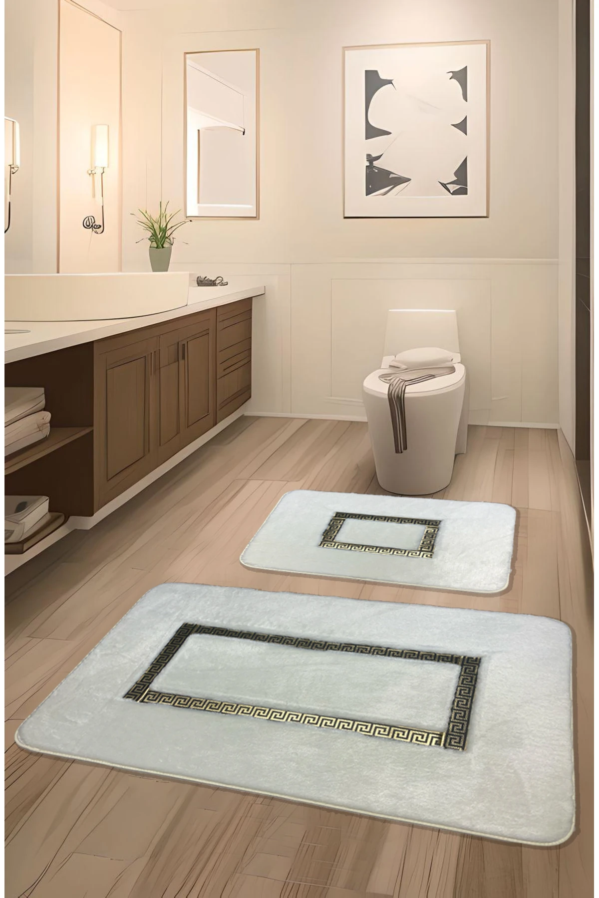 Meram Kaymaz Taban, Emici 2'li Ultra Lüks Deri Detaylı Banyo Paspası Seti 