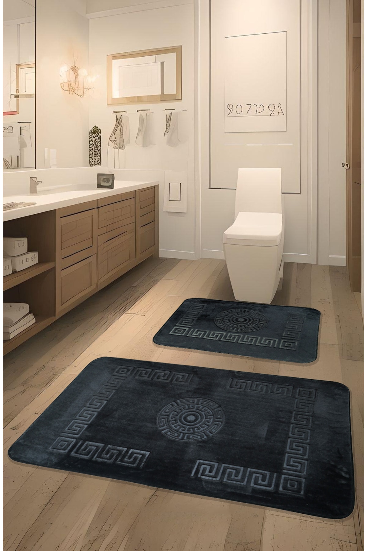 Simav Deluxe Kaymaz Taban, Yumuşacık, Emici 2'li Lüks Baskılı Banyo Paspası 