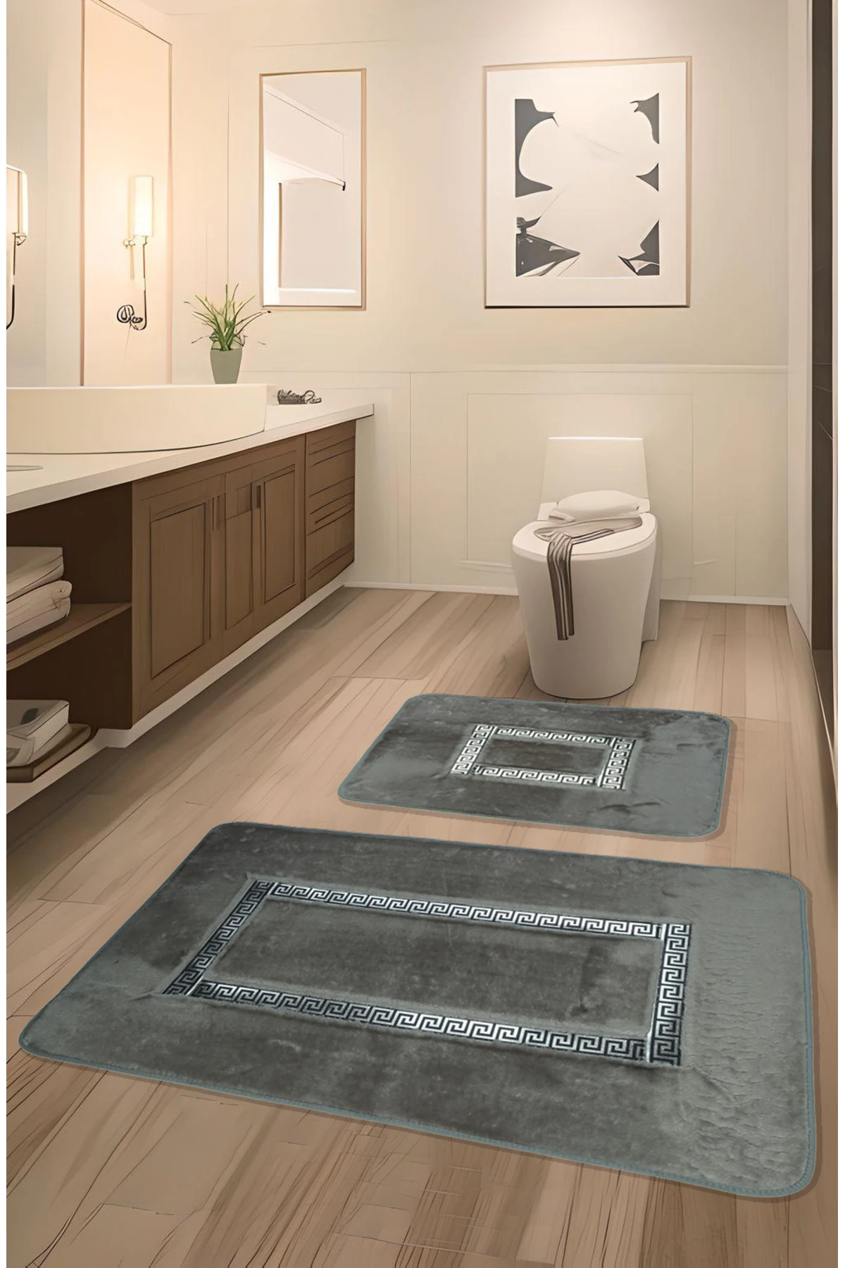 Meram Kaymaz Taban, Emici 2'li Ultra Lüks Deri Detaylı Banyo Paspası Seti 