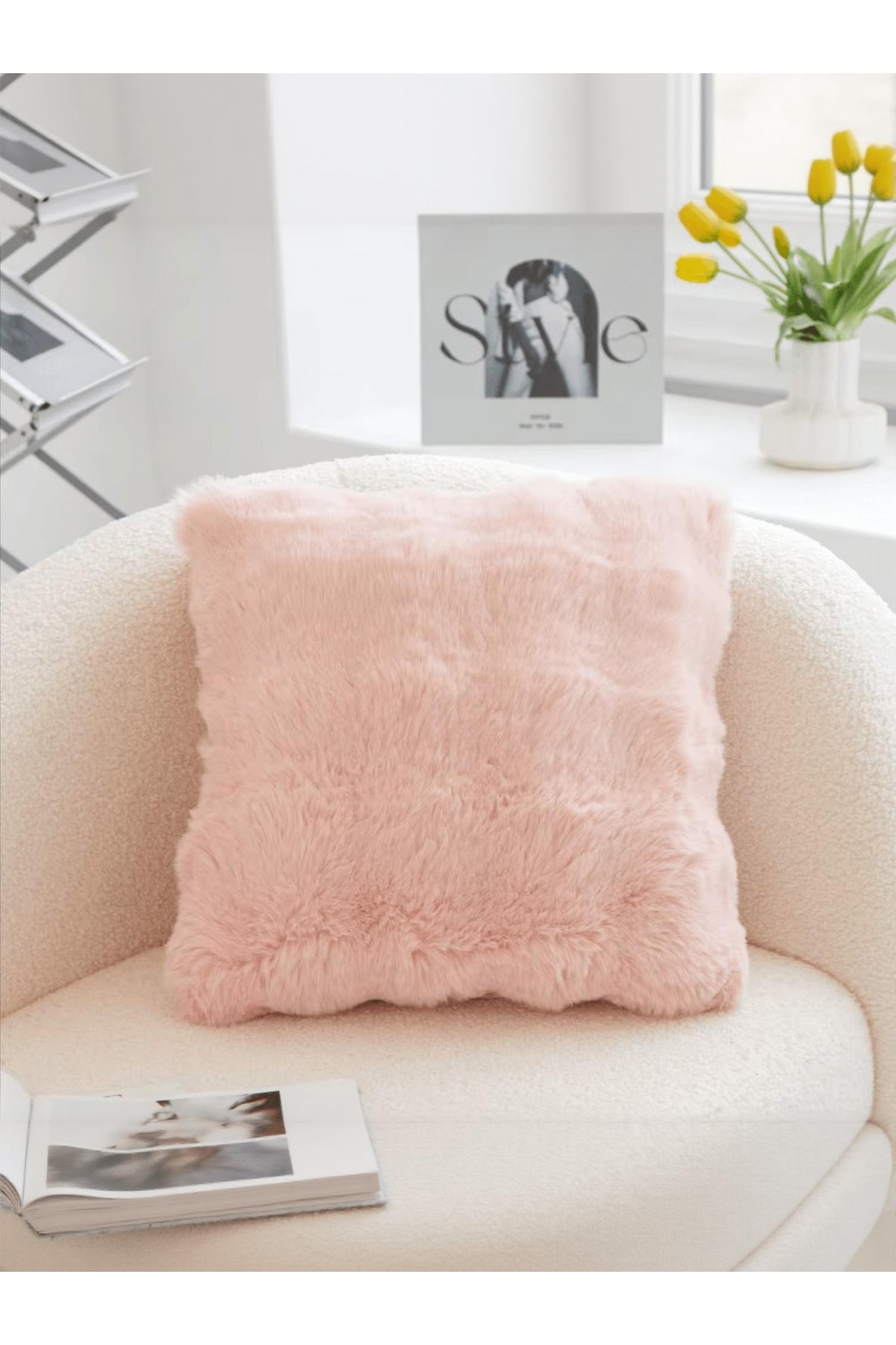 Bubble Tavşan Tüyü, Yumuşacık, Çift Taraflı, Gizli Fermuarlı Pofuduk Kırlent Kılıfı 40x40  - pembe